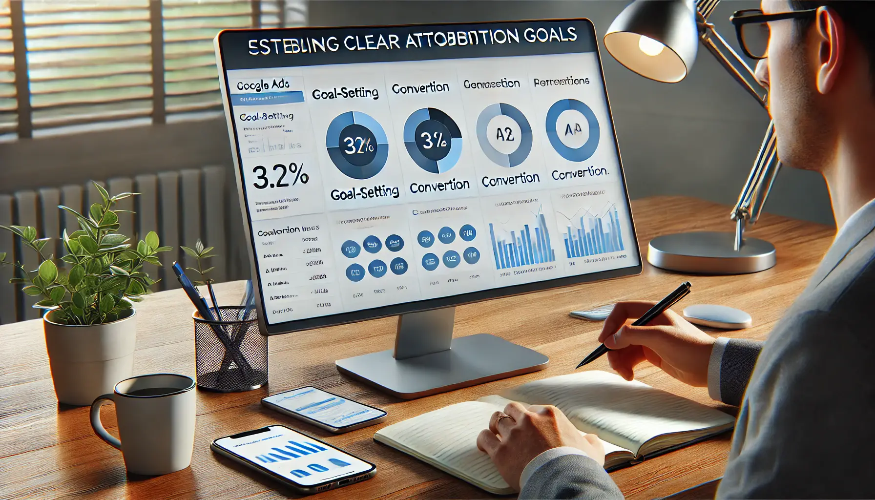 Digital marketer setting clear attribution goals on a Google Ads dashboard with goal-setting features and conversion metrics.