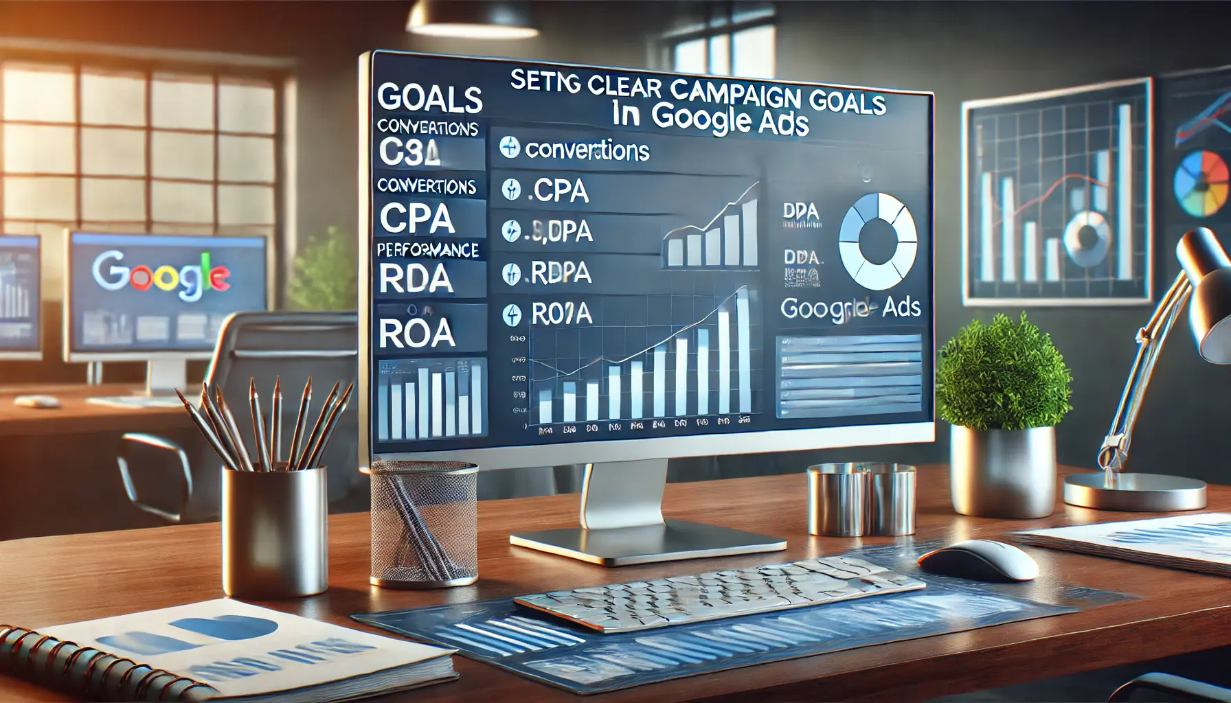 A professional workspace displaying a screen with campaign goals such as conversions, CPA, and ROAS, alongside performance metrics and progress tracking.