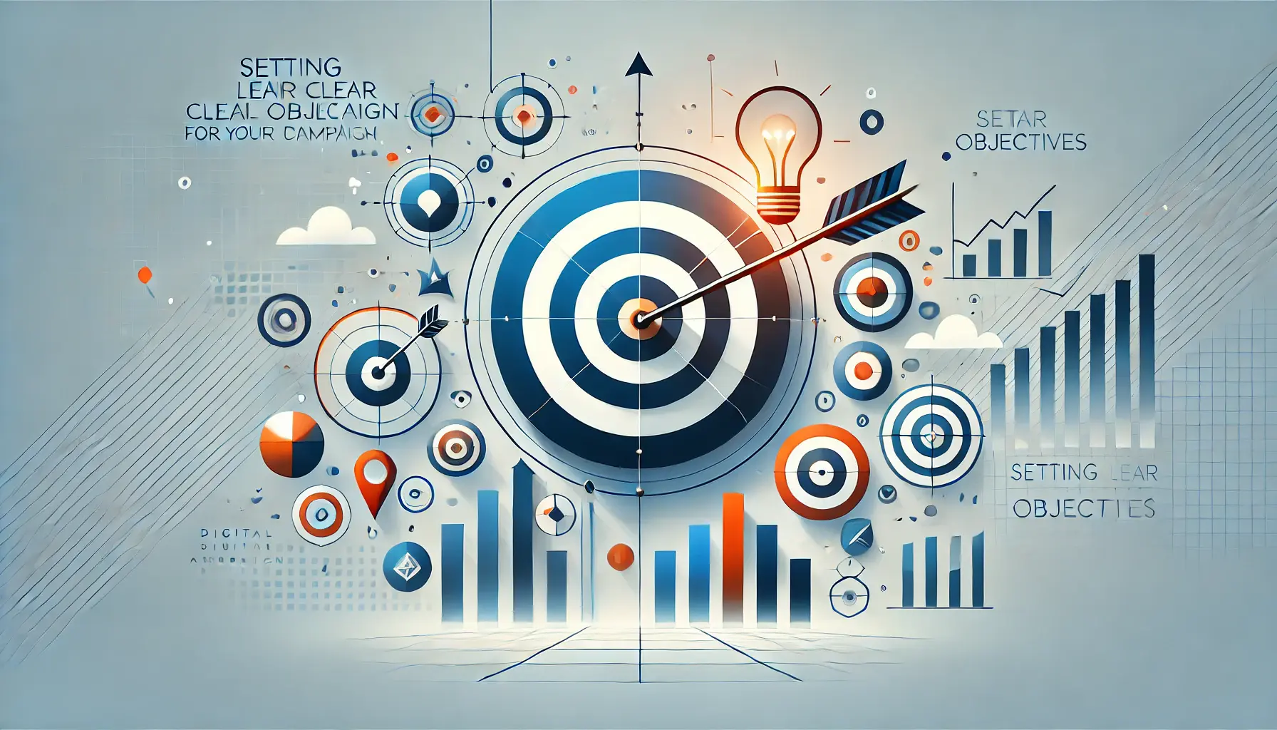 An image symbolizing goal-setting for ad campaigns with abstract visuals, including target icons and directional elements representing strategic planning.