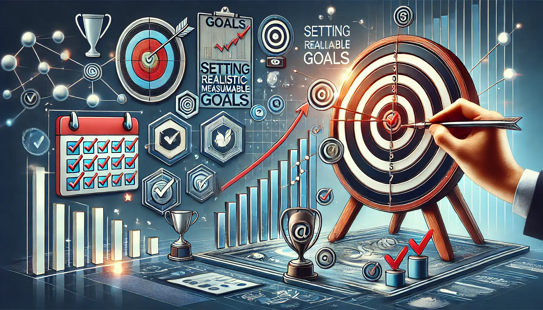 An illustrative image depicting setting realistic and measurable goals in digital marketing, featuring a target board and goal progress graphs.