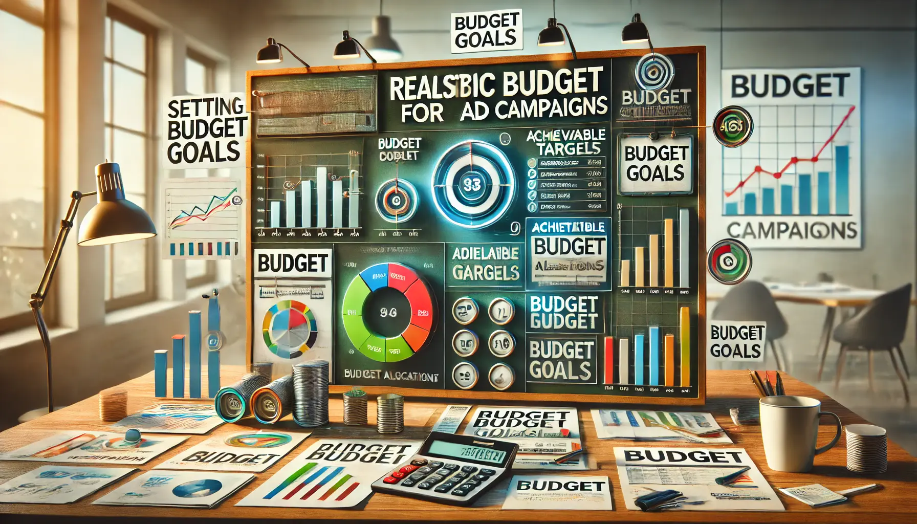 A goal-setting board with graphs, budget checklists, and a calculator in a modern office.