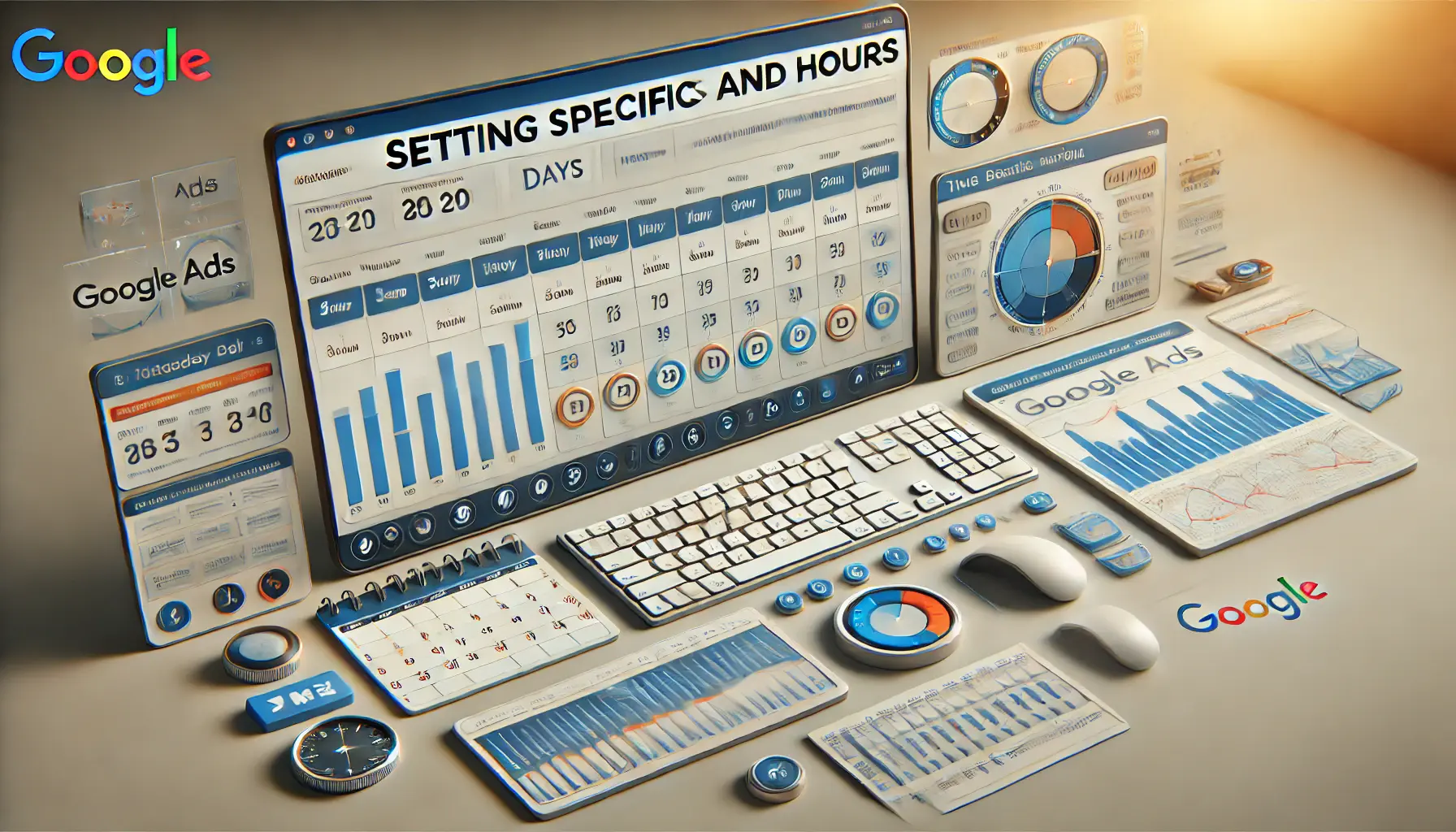 A digital marketing dashboard displaying scheduling grids, calendars, and time selection sliders for configuring ad campaigns on specific days and hours.