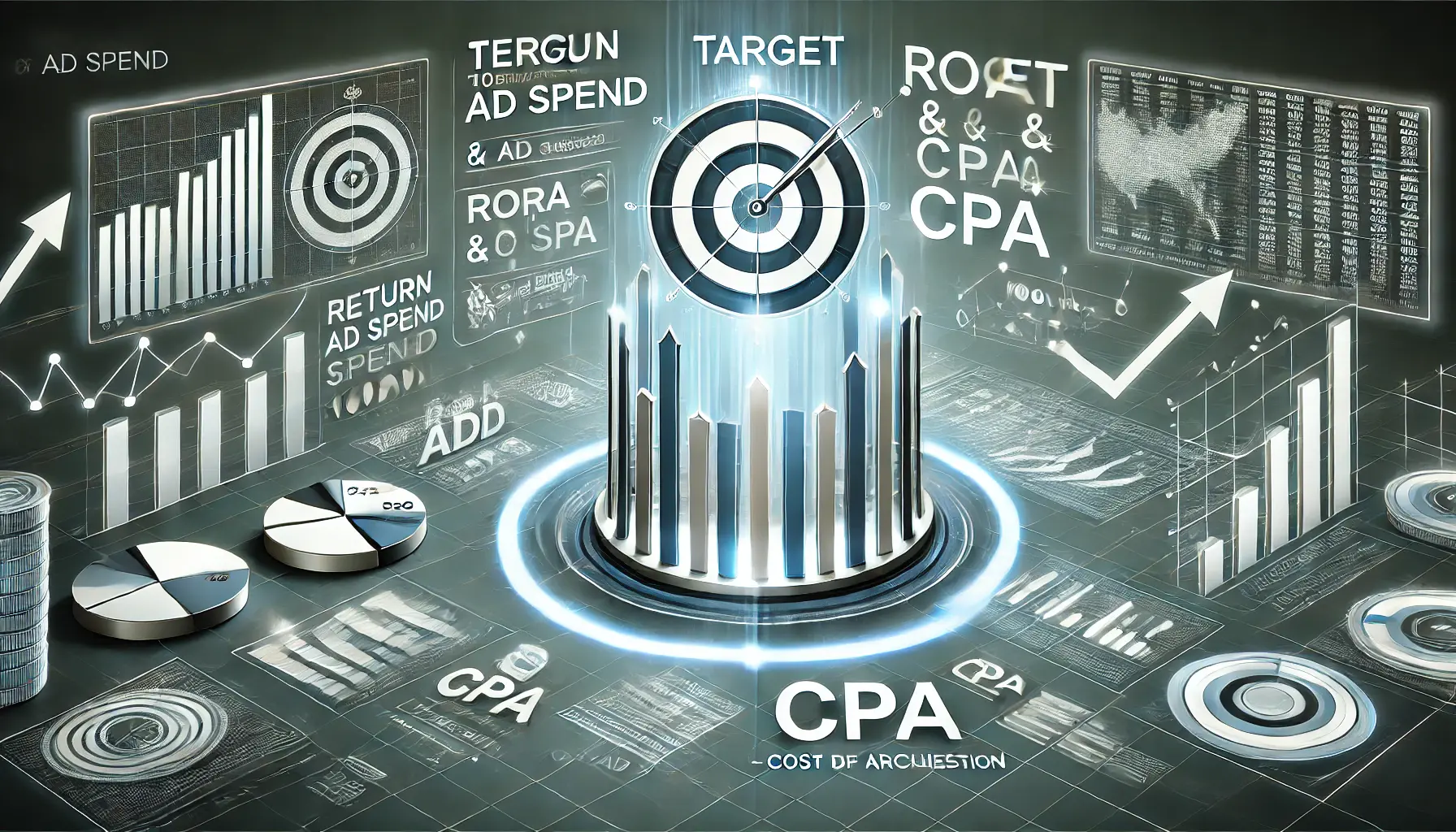 A visual representation of setting financial targets for ROAS and CPA in digital advertising, with financial charts, arrows, and data symbols showing optimization.