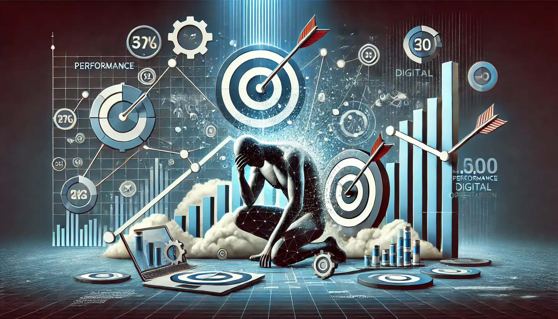 A visual representation of setting unrealistic targets, with overly high performance indicators and broken graphs symbolizing unattainable goals.