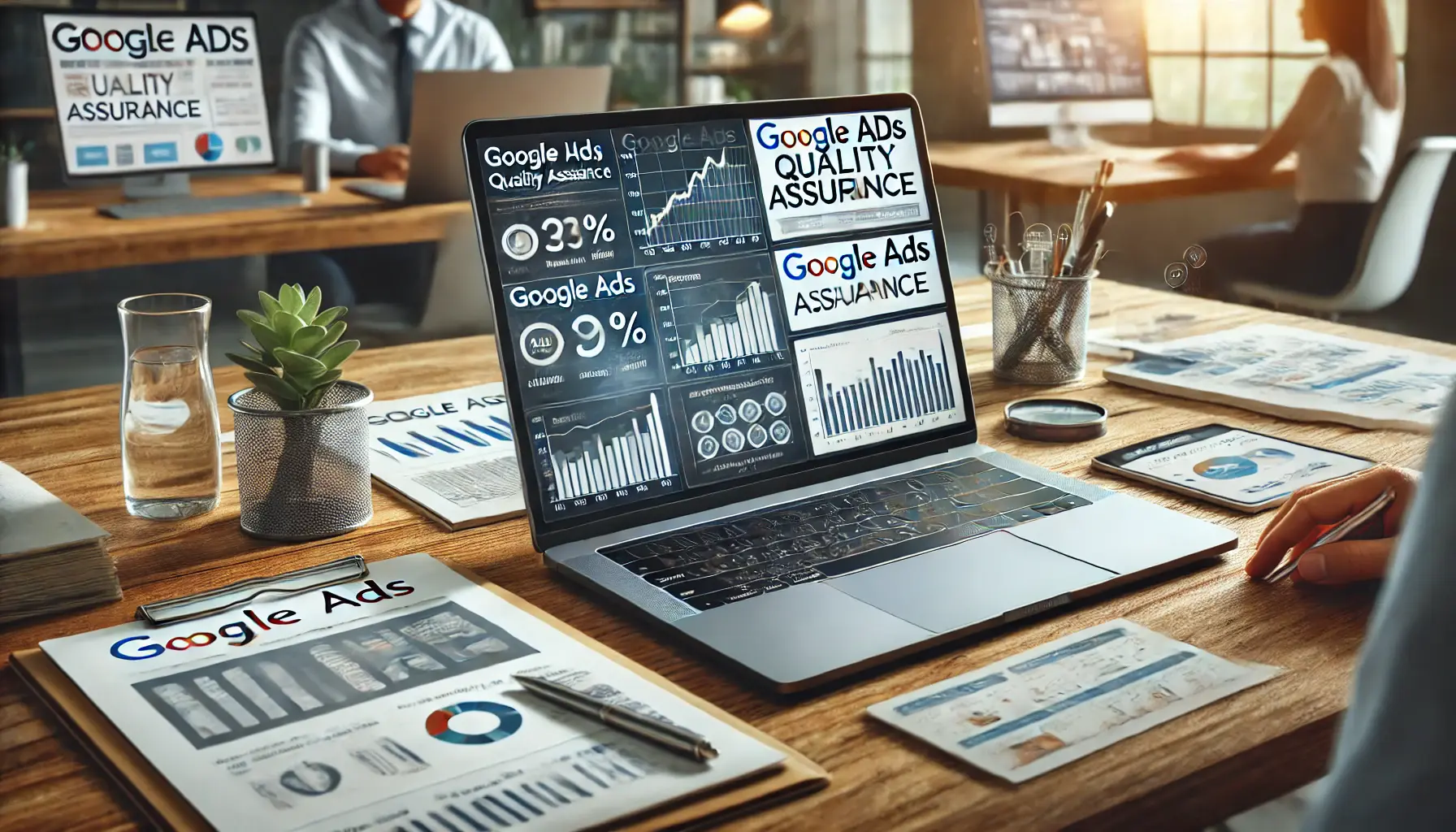 A digital marketing workspace showing a professional working on a laptop with charts and dashboards related to Google Ads performance, surrounded by notes and a tablet displaying campaign progress.