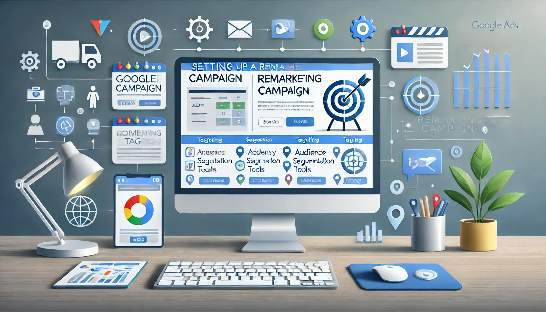 Digital marketing workspace showing a computer screen with a Google Ads interface and audience segmentation tools, representing setting up a remarketing campaign.