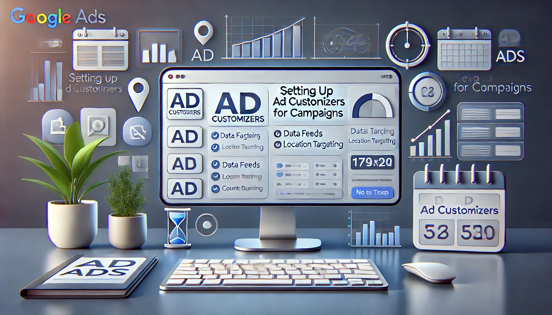 A digital workspace showing an ad setup interface with options for data feeds, location targeting, and countdown timers, symbolizing the process of configuring ad customizers.