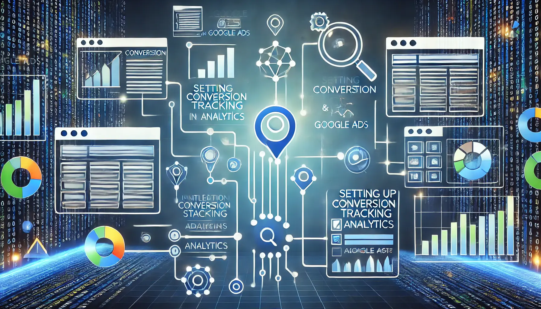 A visual representation of setting up conversion tracking with interconnected icons like conversion symbols, tracking codes, and analytics charts.