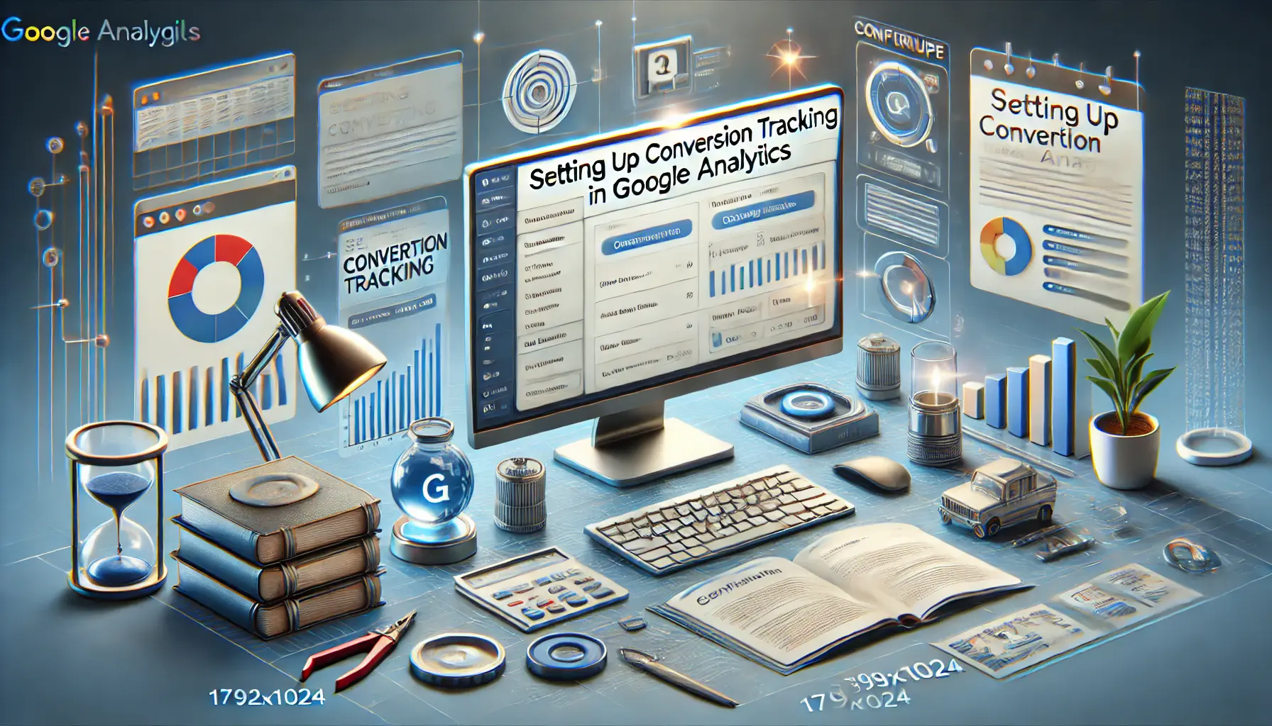 Image depicting a digital workspace with a computer showing the setup process for conversion tracking in Google Analytics, including the interface and settings.