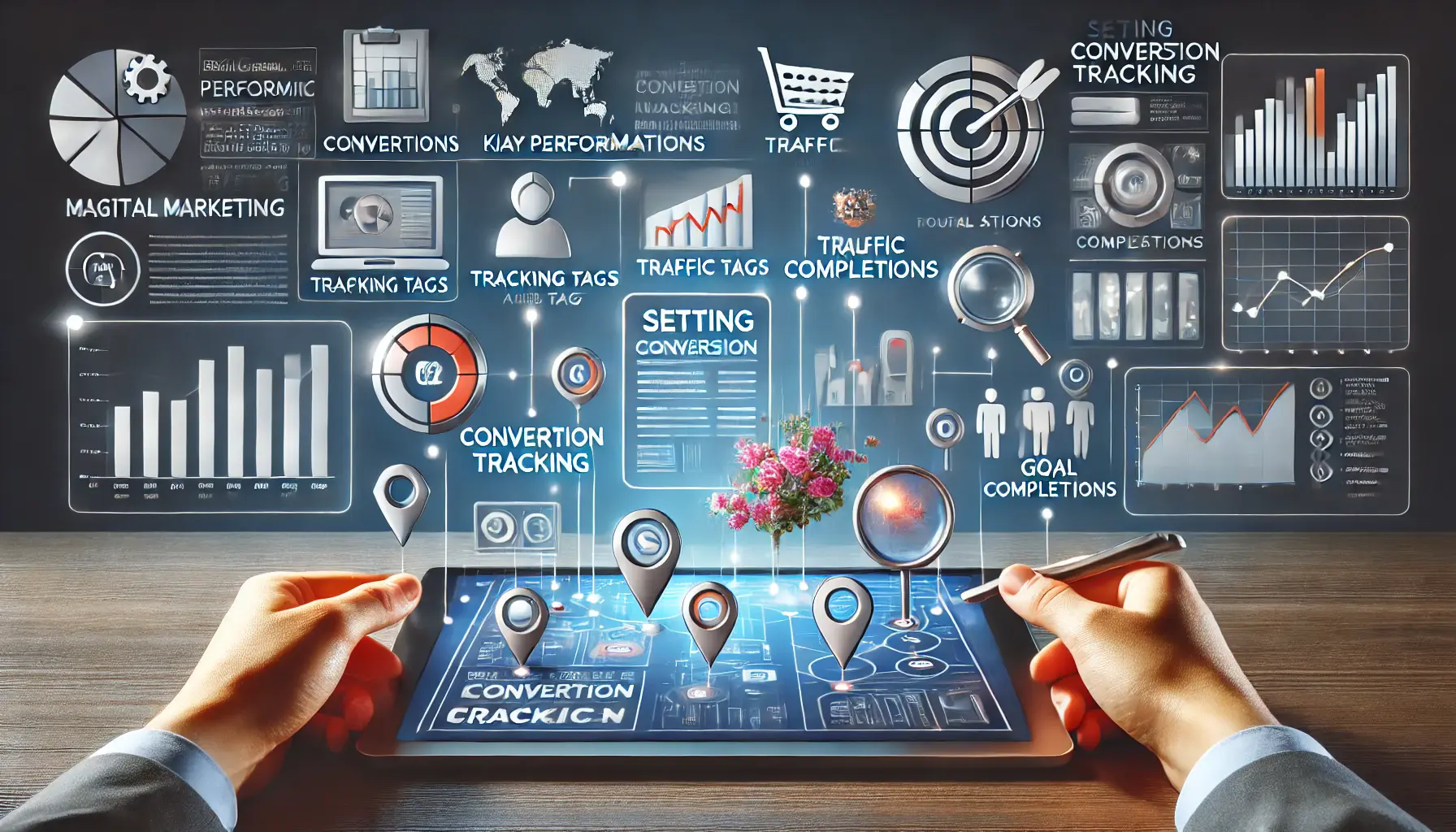 Digital marketing scene showing a marketing dashboard with conversion tracking elements like user actions, traffic sources, and performance indicators