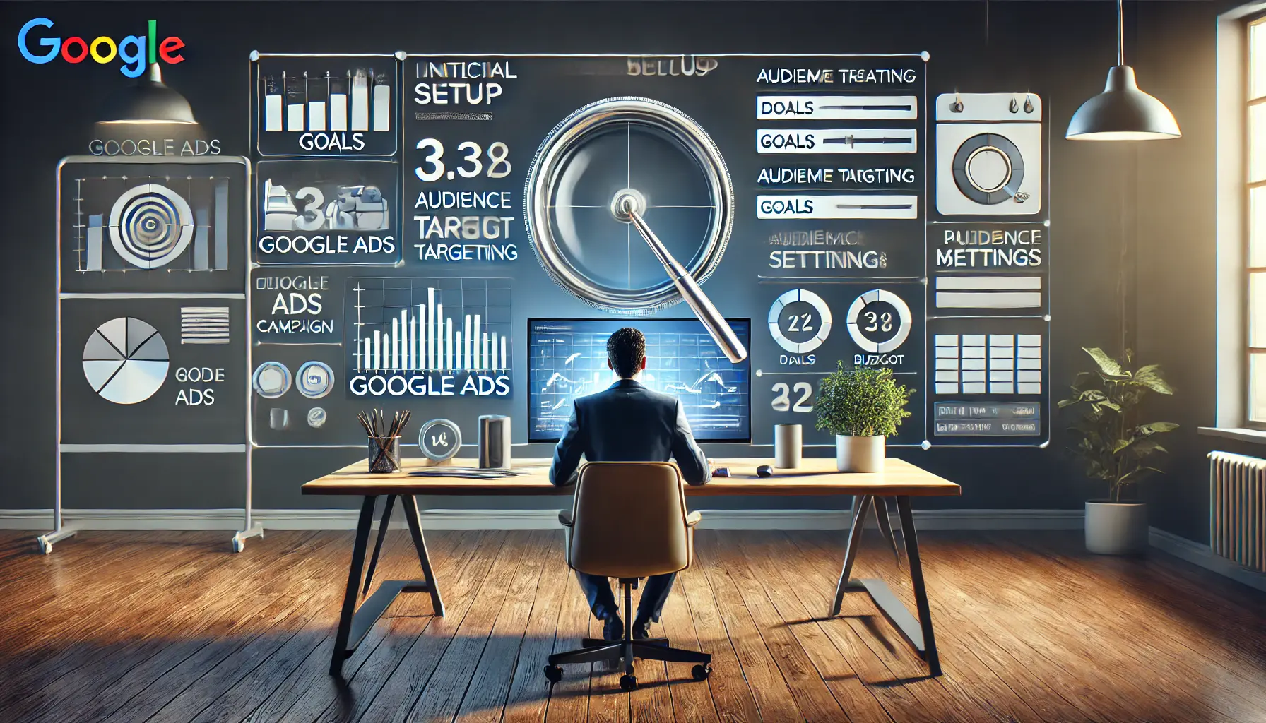 A professional workspace with a computer screen showing the setup process of a Google Ads campaign, including goals, audience targeting, and budget management for data-driven success.