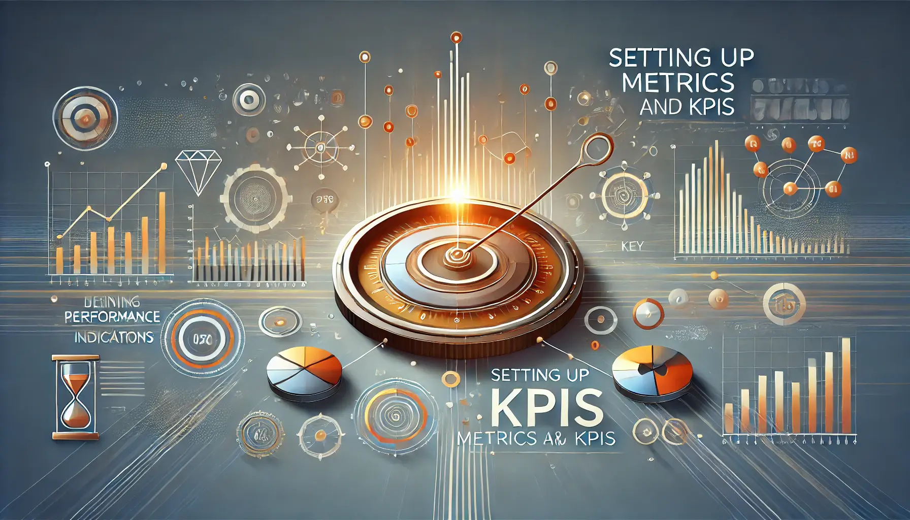 An image symbolizing the tracking and measurement of key performance indicators (KPIs), featuring abstract visuals of graphs, progress bars, and data points.