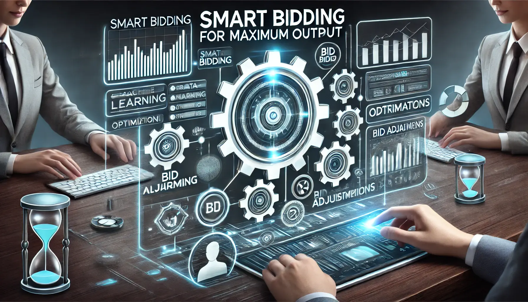 A visual representation of setting up Smart Bidding with data analytics, optimization paths, and gears symbolizing the configuration and setup process.