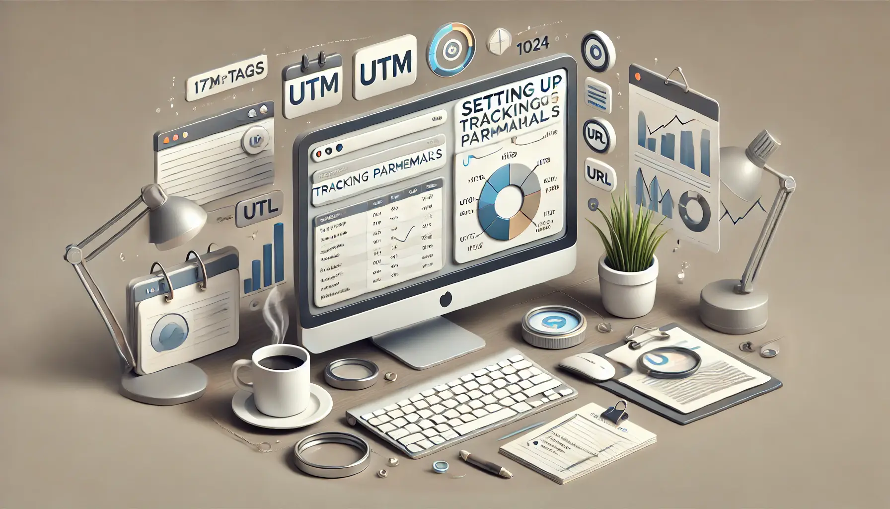 Image depicting a digital workspace focused on setting up tracking parameters, featuring a computer screen with UTM tags and URL configurations.