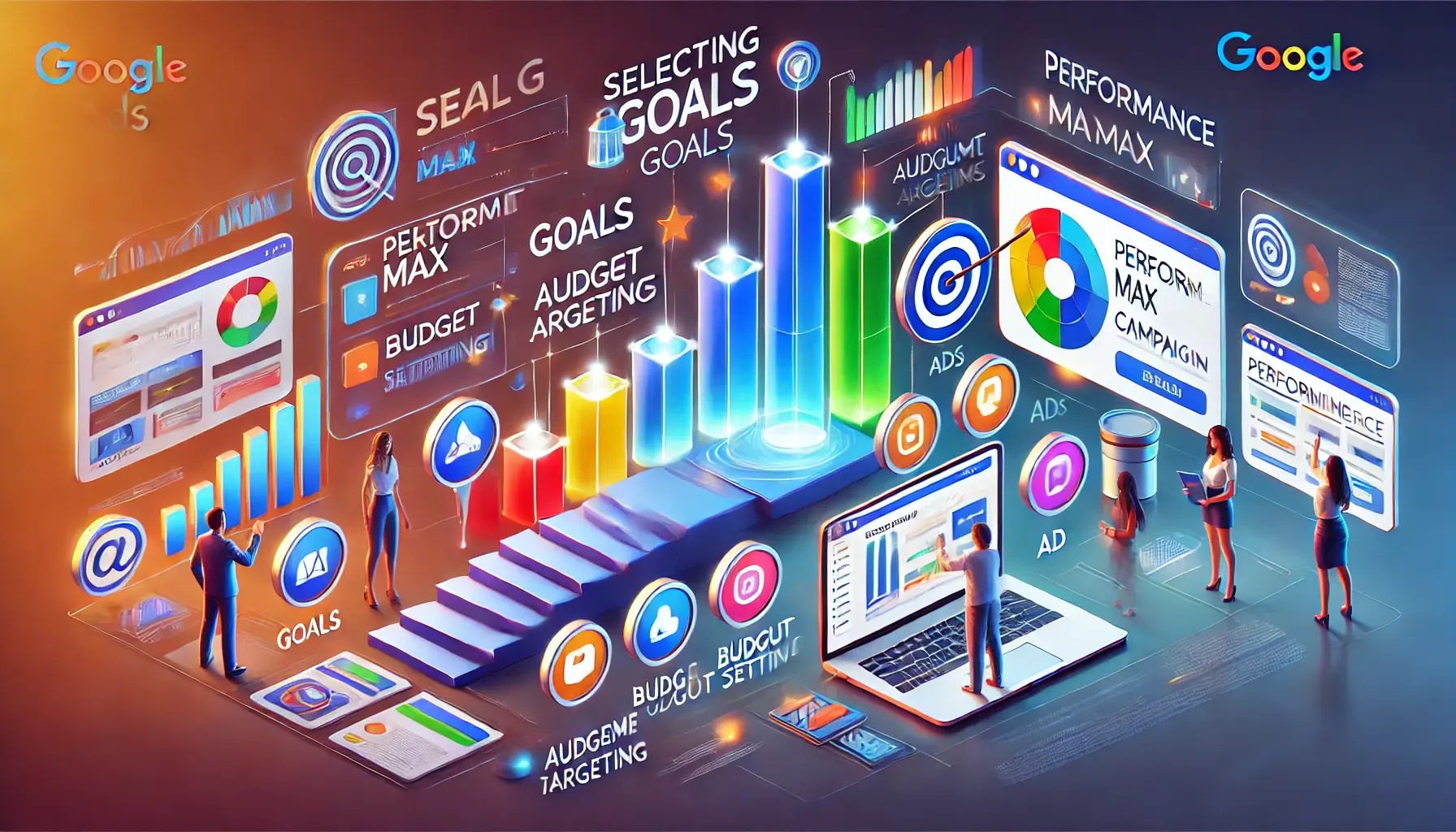 A visual representation of the steps involved in setting up a Performance Max campaign, including goals, budget, and audience targeting with tech-focused design.