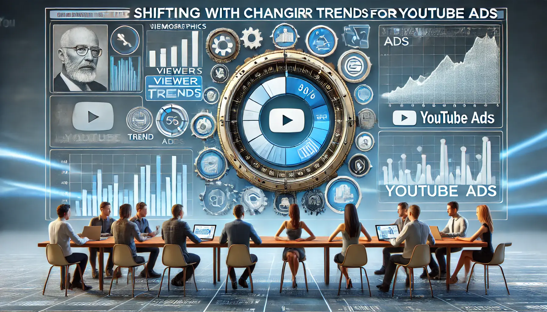 Image showing a digital dashboard with viewer demographics, engagement metrics, and trend graphs to adapt to changing trends in YouTube ads.