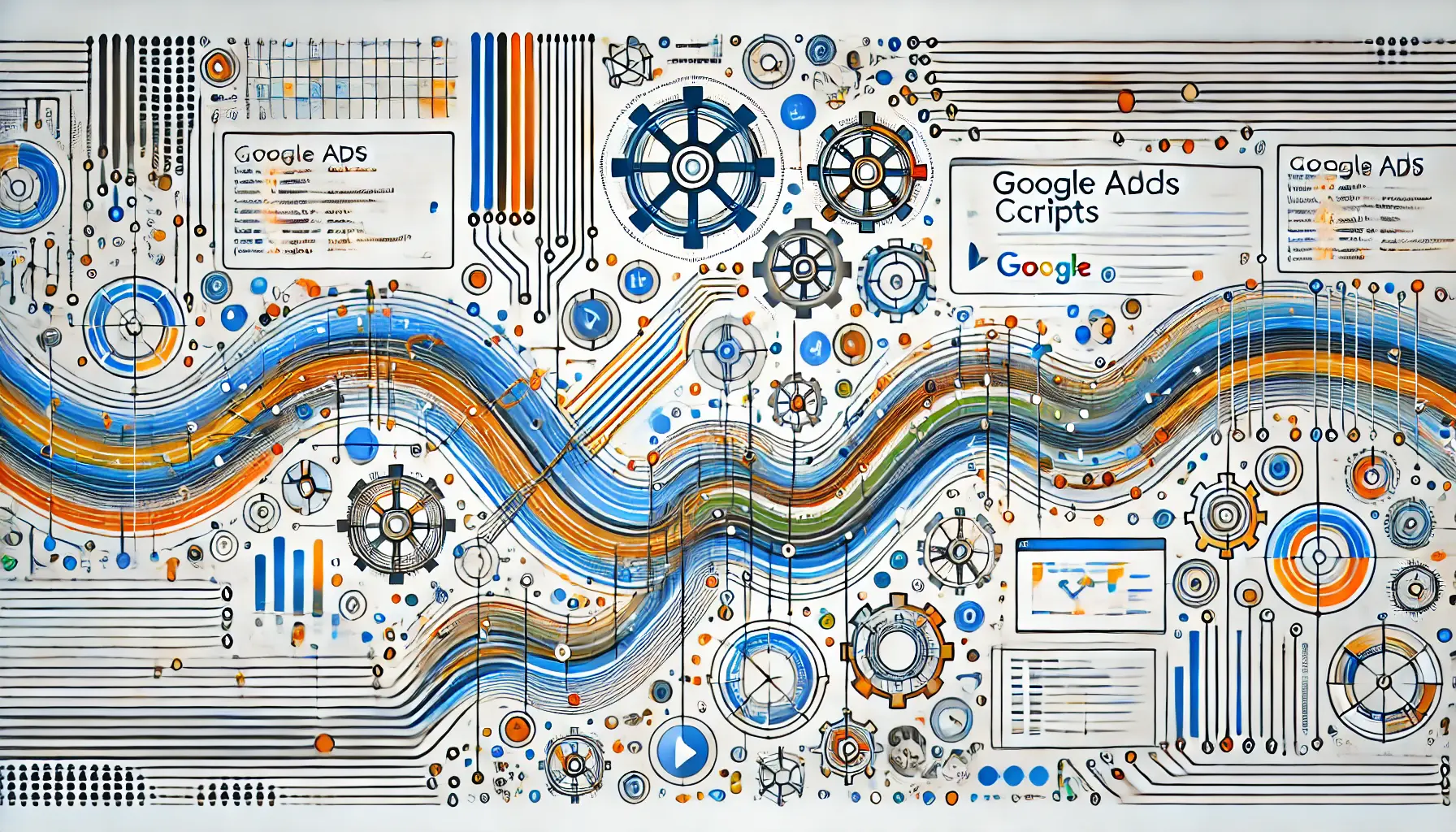 Abstract representation of Google Ads Scripts with code-like patterns, interconnected nodes, and gears symbolizing automation and customization