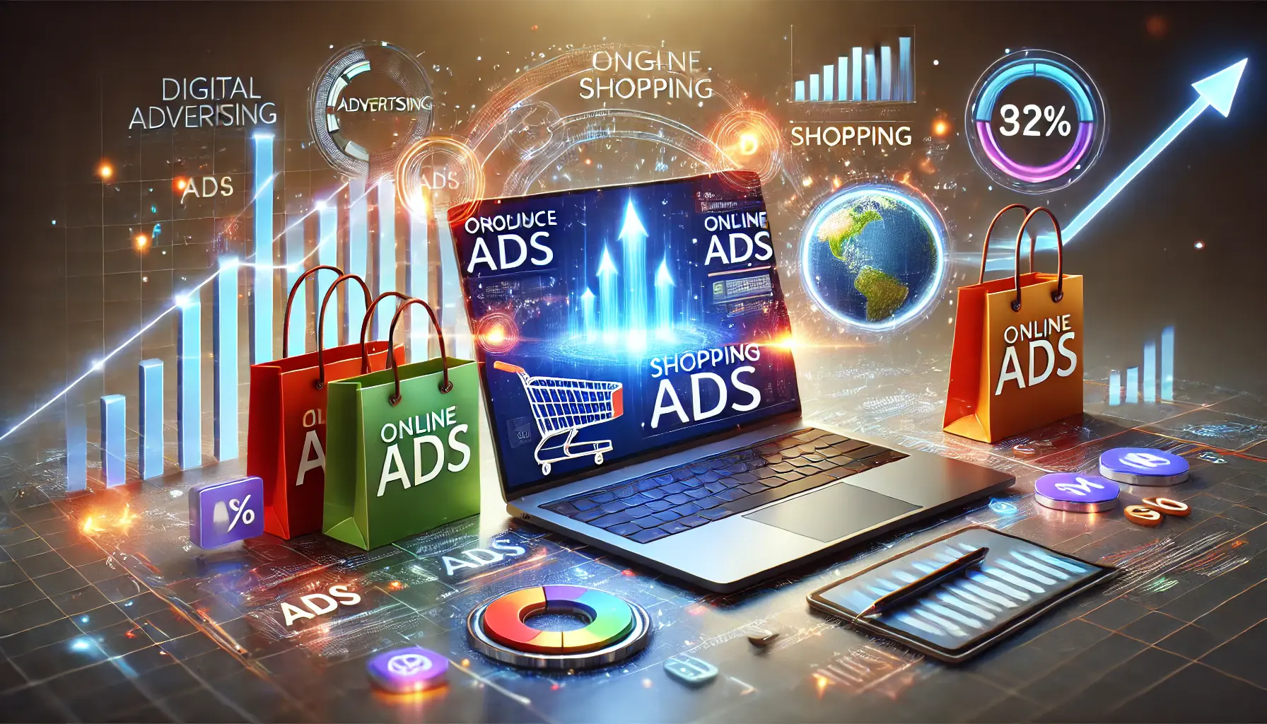 An online shopping scene with product ads on a laptop, surrounded by digital elements like graphs, shopping bags, and upward arrows symbolizing growth in digital advertising.