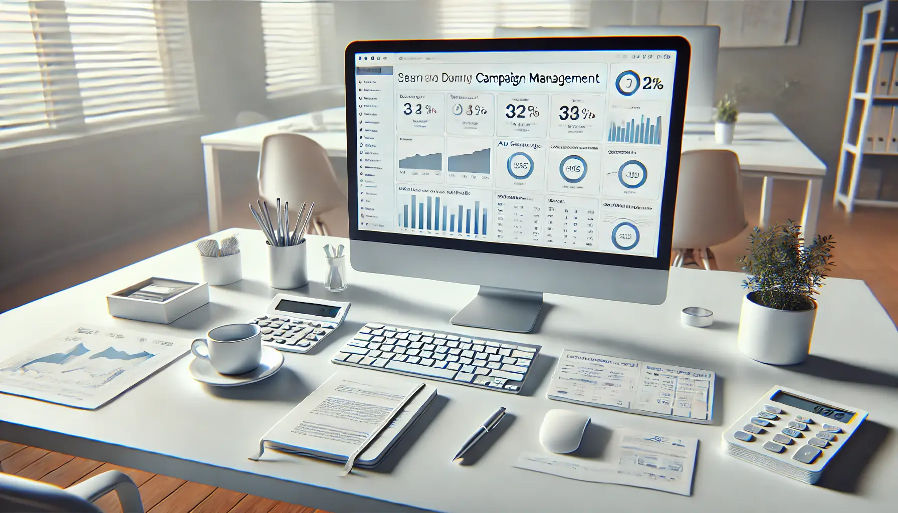 A minimalistic digital marketing workspace with a computer displaying a simplified dashboard for ad campaign management, emphasizing easy-to-read graphs and organized metrics.