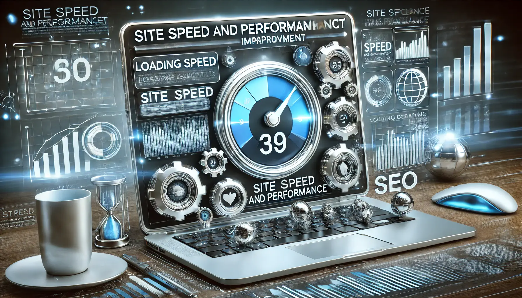 A computer screen displaying site speed tools and performance analytics with loading speed indicators, graphs, and gears symbolizing optimization.