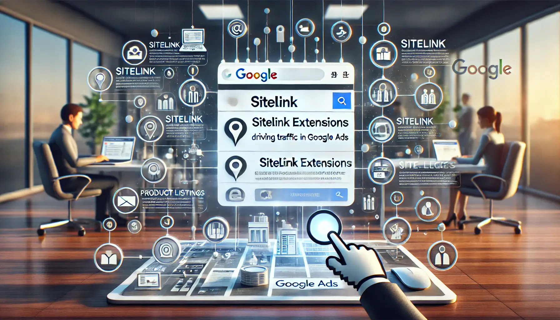 An illustration of sitelink extensions in Google Ads showcasing links to specific pages.