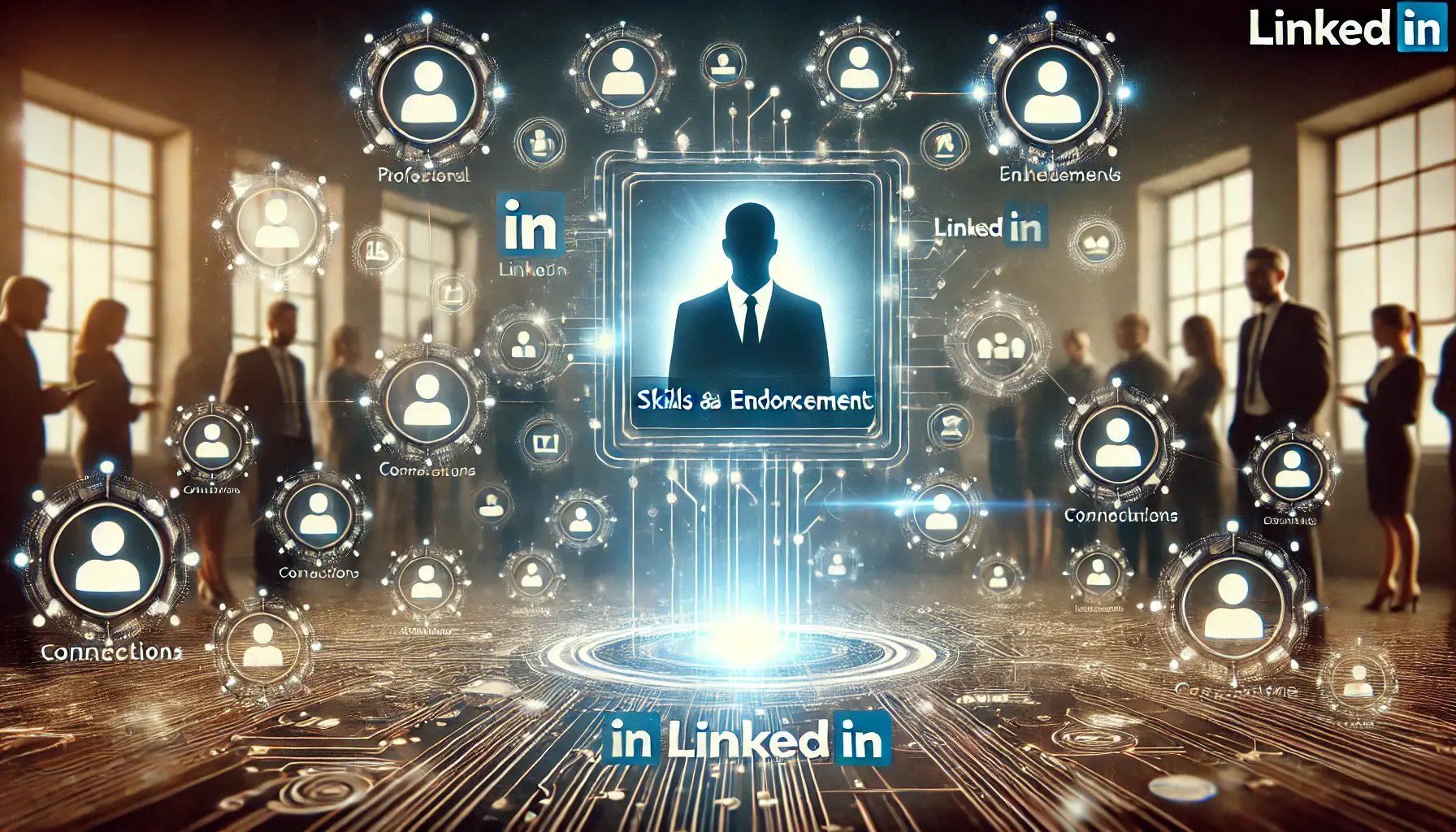 A professional profile surrounded by digital icons representing various skills, with connections and endorsements from other professionals in a modern digital environment.