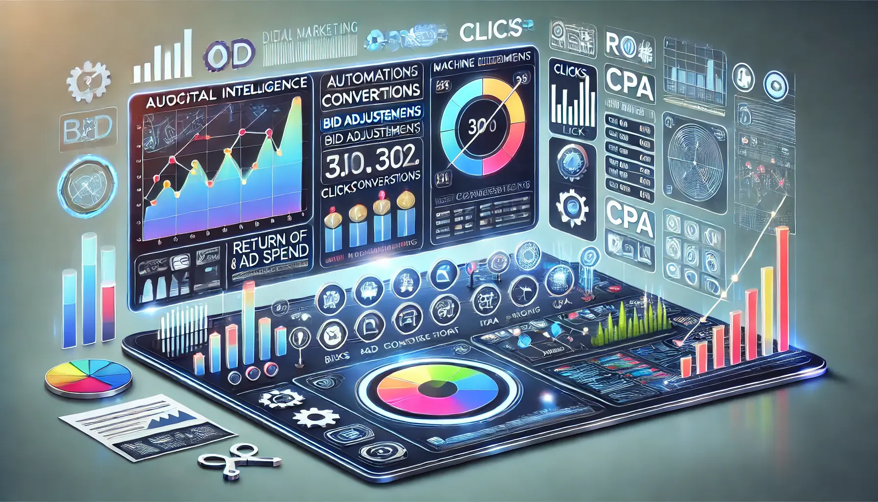 Digital marketing dashboard showing automated processes for bid adjustments, conversions, and real-time data in Google Ads.