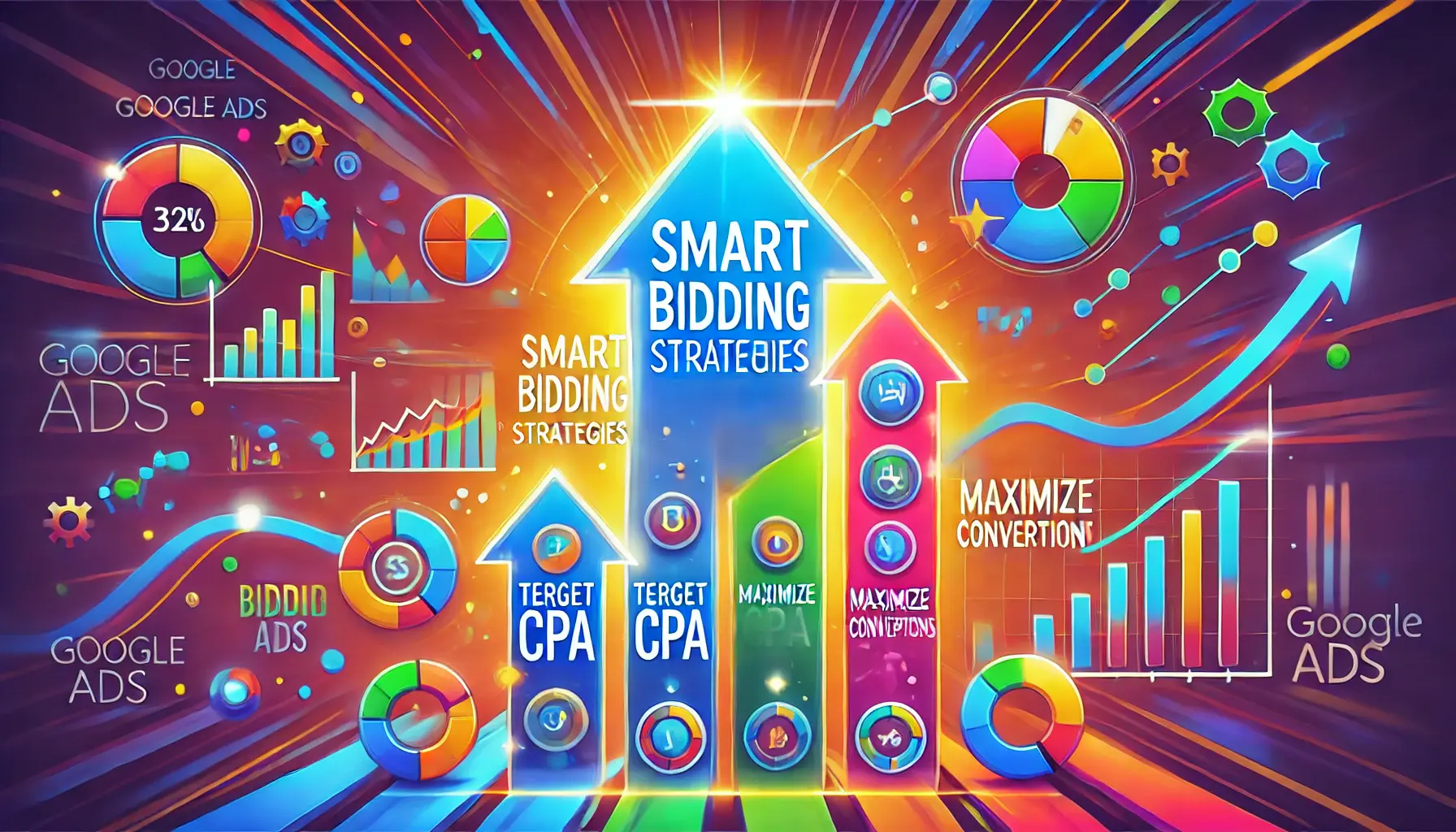 A vibrant digital marketing illustration depicting Smart Bidding strategies with upward trajectory elements, featuring graphs and arrows.