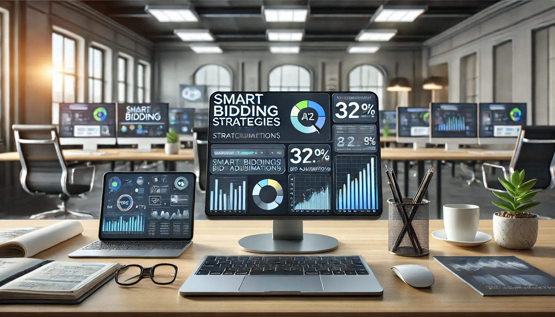 A digital marketing workspace showcasing a dashboard with real-time bid adjustments and performance optimization algorithms for smart bidding in Google Ads.