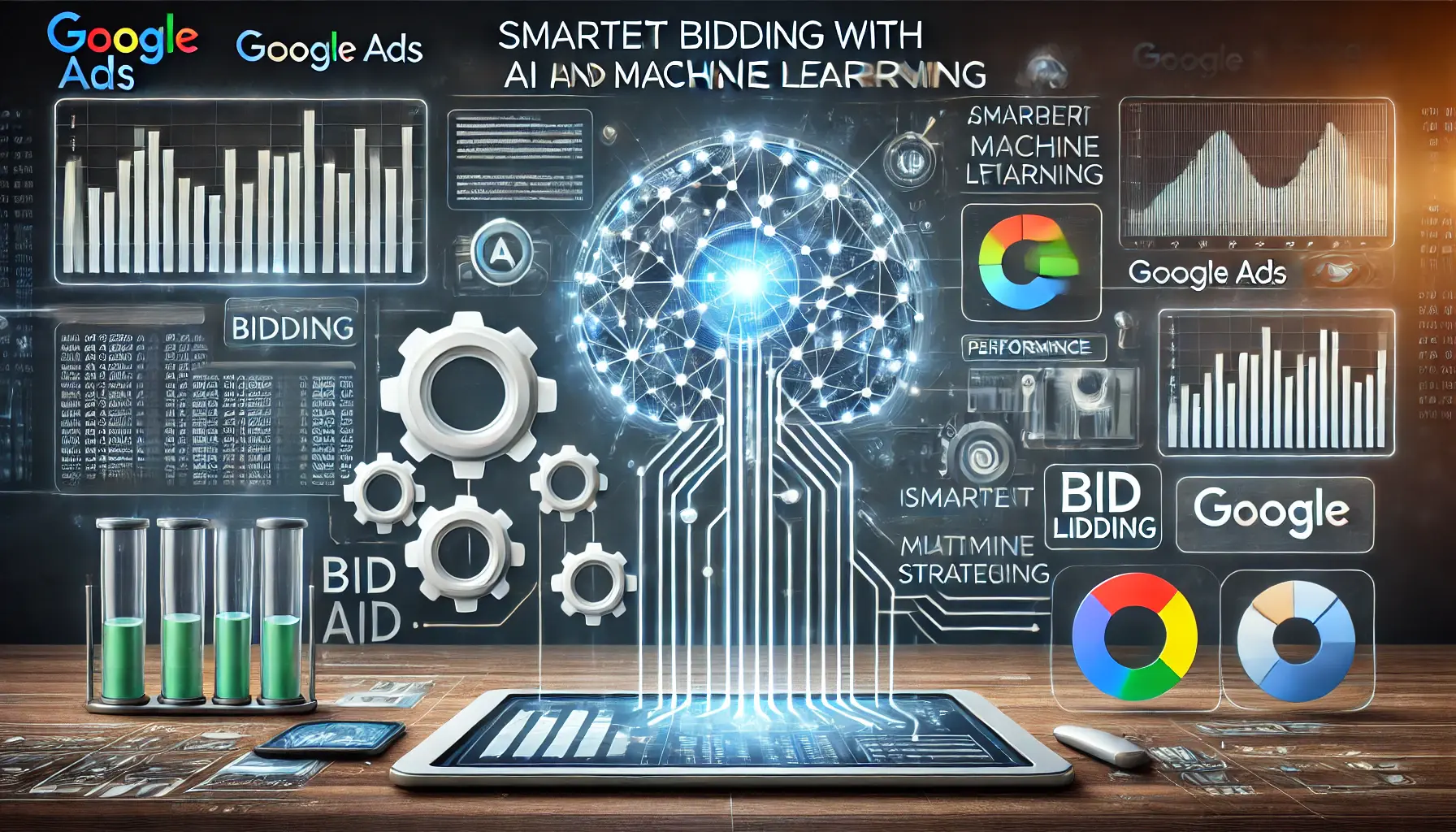 Visual representation of AI and machine learning optimizing bidding strategies, featuring neural network patterns, gears symbolizing automation, and a performance dashboard.