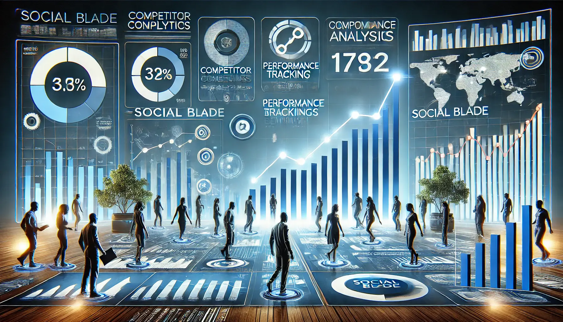 An illustration of Social Blade as a tool for competitor and performance benchmarking, featuring performance tracking graphs, competitor analysis, and comparison charts.