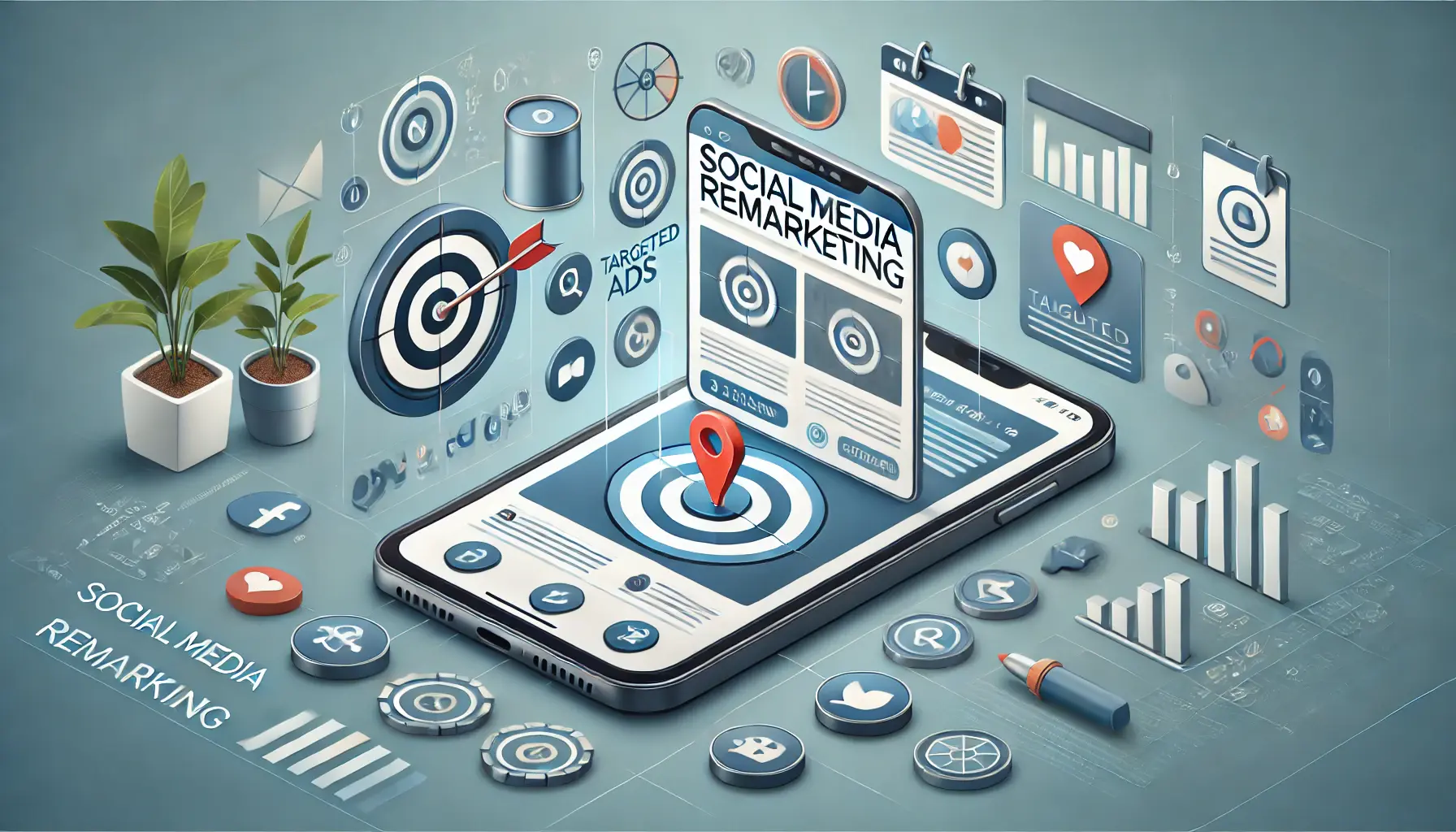 Digital marketing scene with a smartphone screen showing targeted ads within a social media feed, symbolizing social media remarketing.