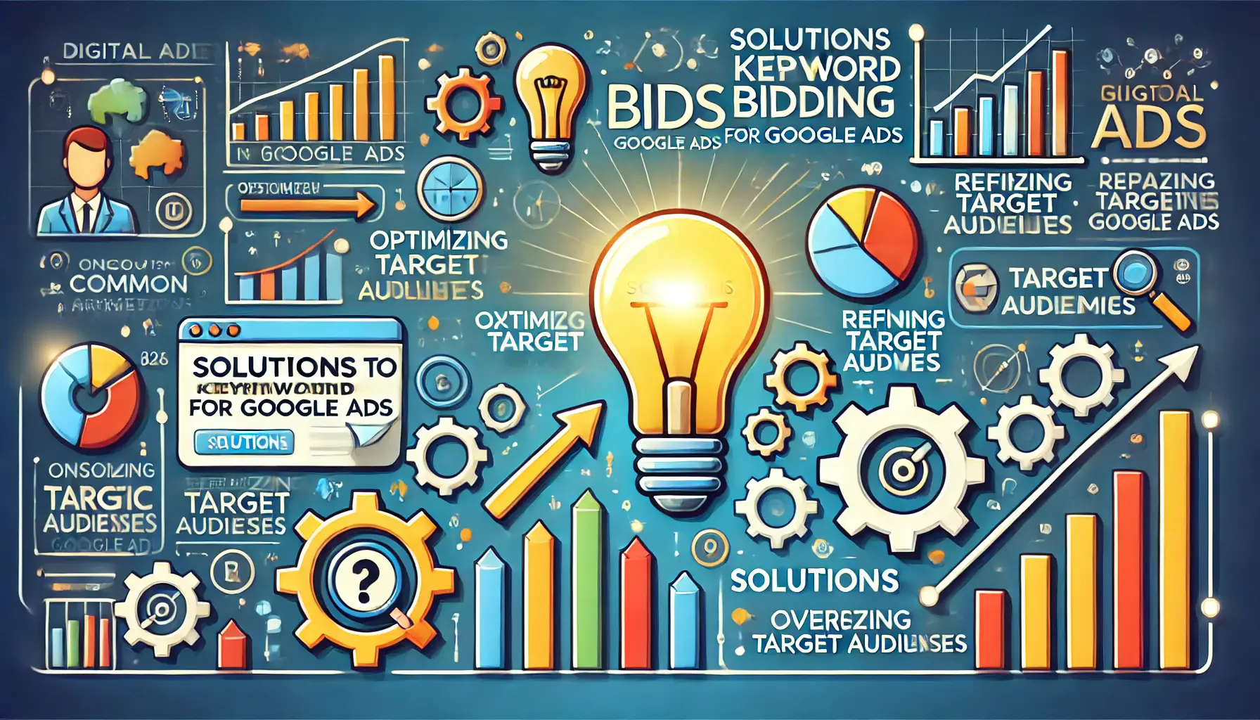 An illustrative digital marketing image depicting solutions to keyword bidding problems, featuring lightbulbs, gears, and upward trend arrows.