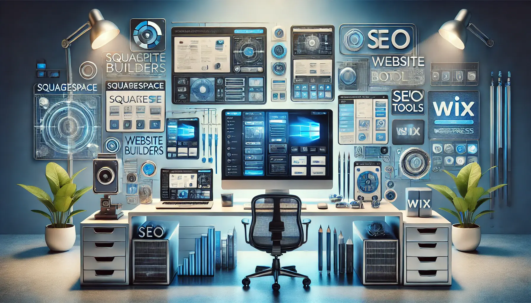 A modern workspace with different website builder interfaces on computer and tablet screens, highlighting SEO tools, design options, and user interface comparisons.