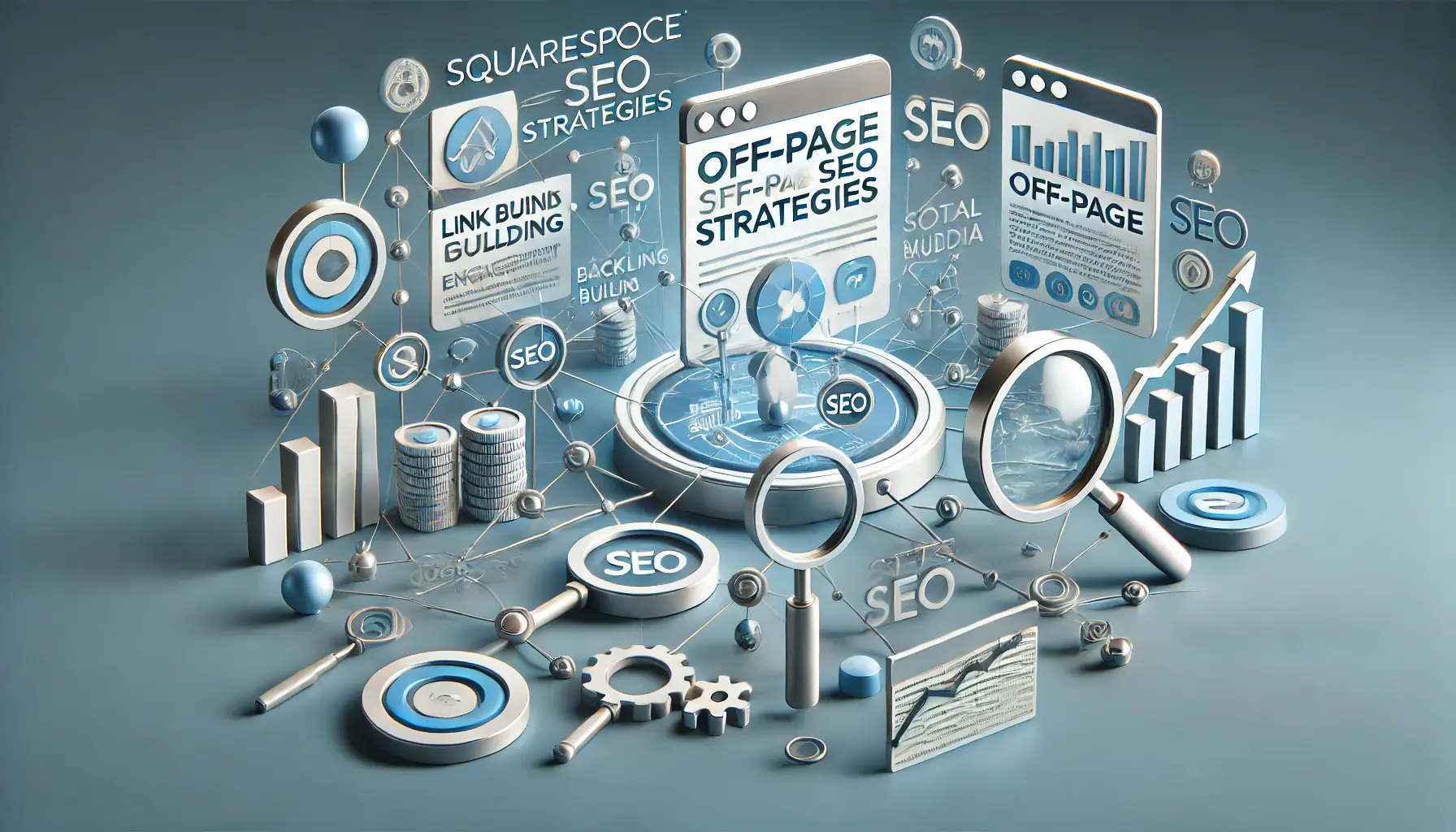 A representation of off-page SEO with symbols of websites being linked, backlink arrows, and SEO charts, emphasizing link building and improving site authority.