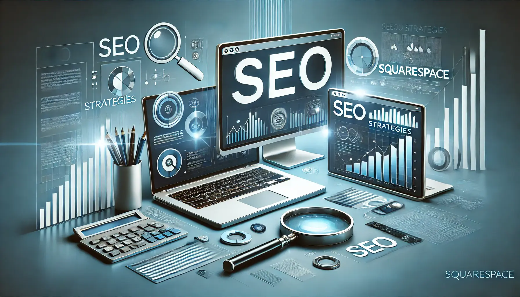 Digital tools representing SEO strategies, including a laptop with analytics, a search bar, graphs, and a magnifying glass in a sleek blue and gray color scheme.