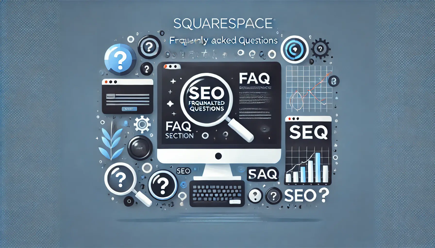 A computer screen displaying an FAQ section with magnifying glasses, question marks, and SEO charts representing answers to common SEO queries.