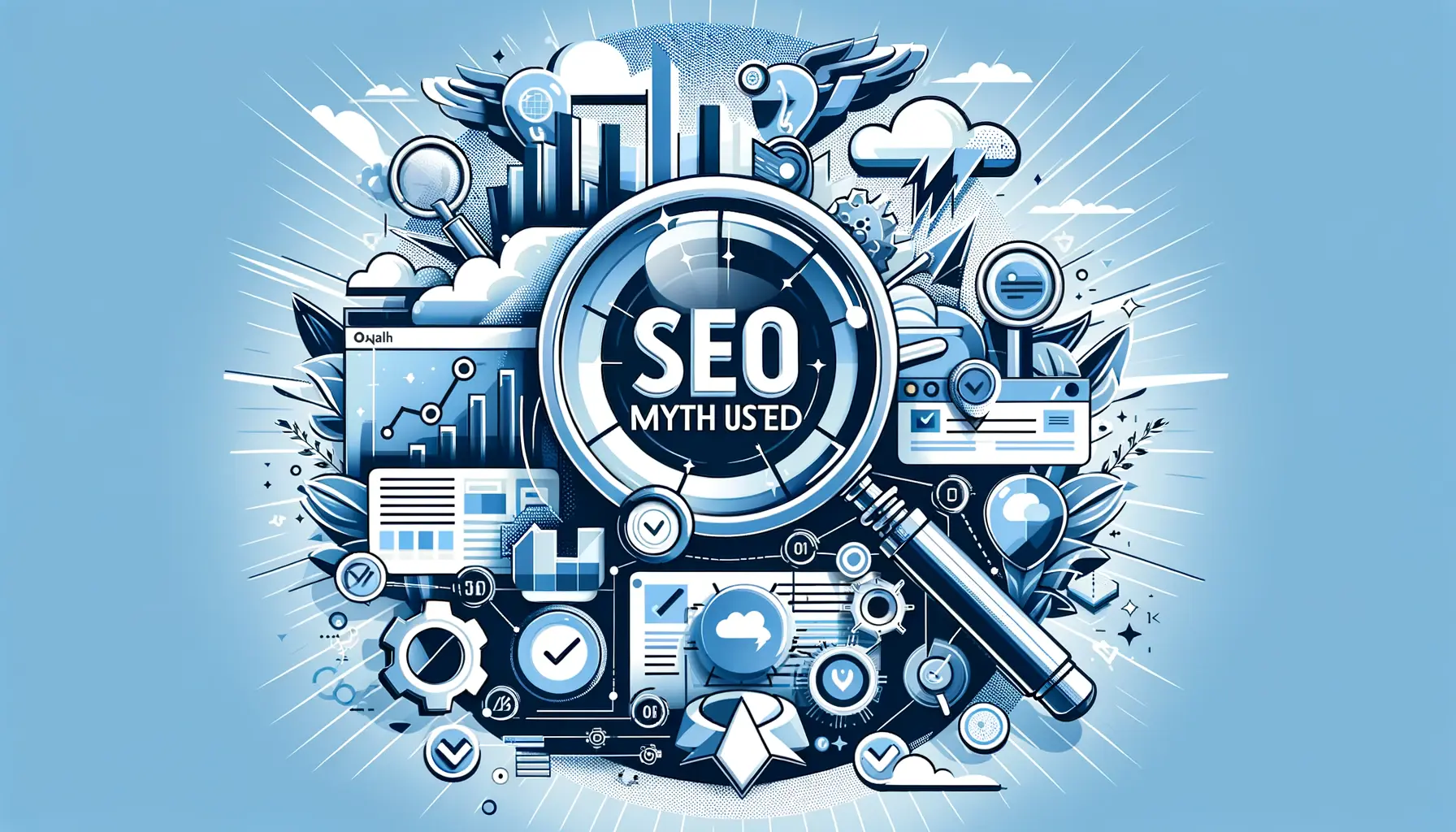 A magnifying glass focusing on shattered myths with broken icons like chains or barriers, symbolizing SEO misconceptions being overcome, with digital tools in the background.