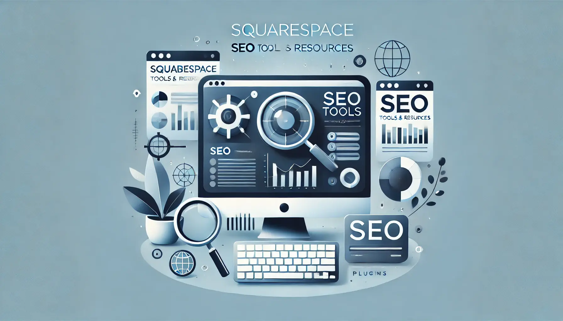 A computer screen displaying SEO tools and analytics for a Squarespace website, with symbols like charts, magnifying glasses, and SEO plugins representing optimization resources.