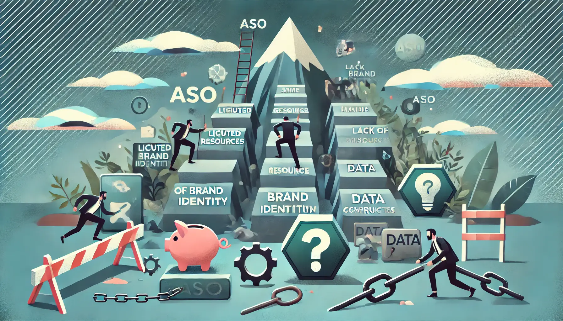 Illustration of the challenges faced by startups in App Store Optimization, depicting obstacles like a steep mountain and symbols for limited resources, lack of brand identity, and data constraints.