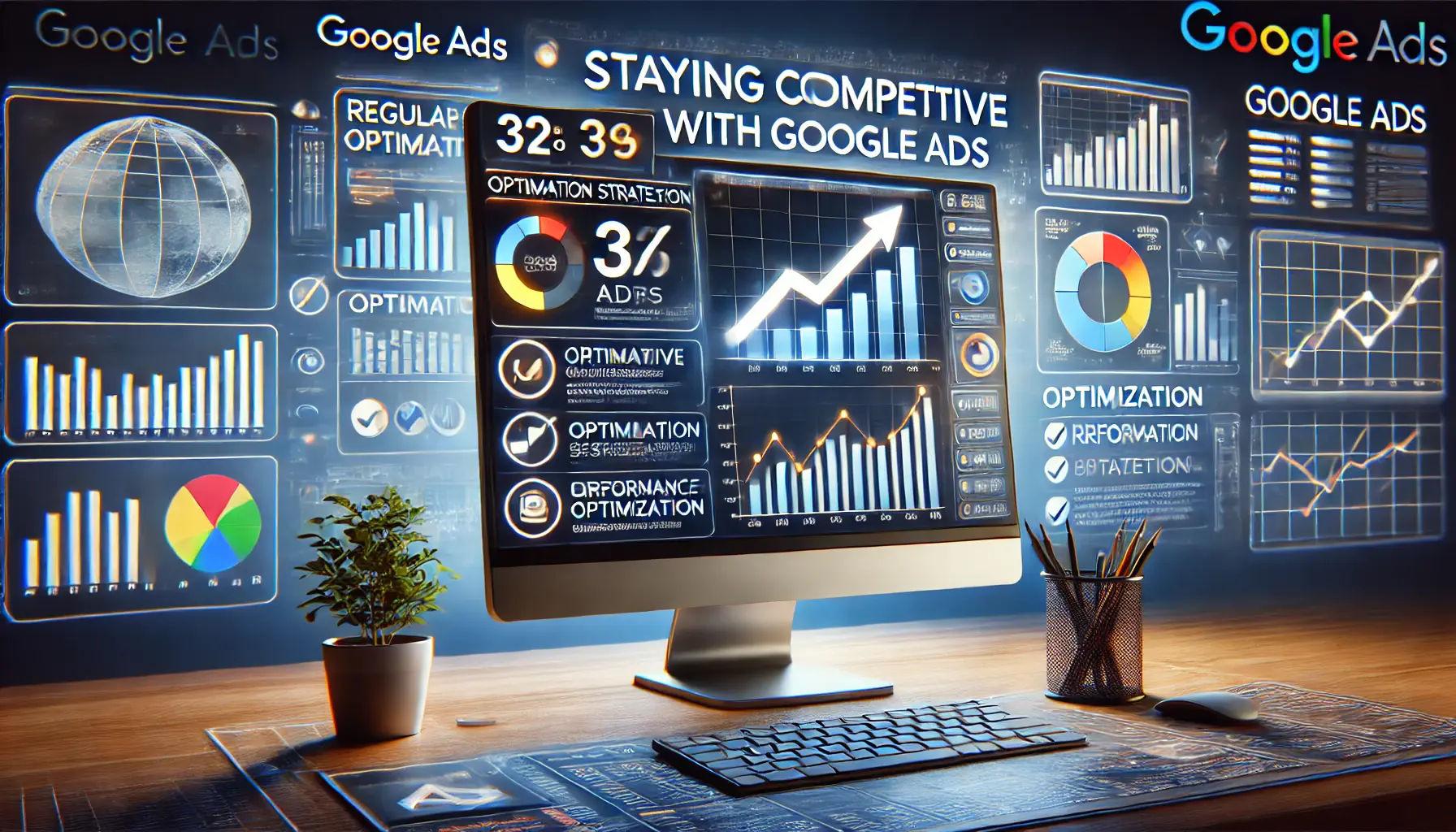 A realistic illustration depicting the concept of staying competitive with regular optimization in Google Ads, featuring a computer screen with a marketing dashboard.