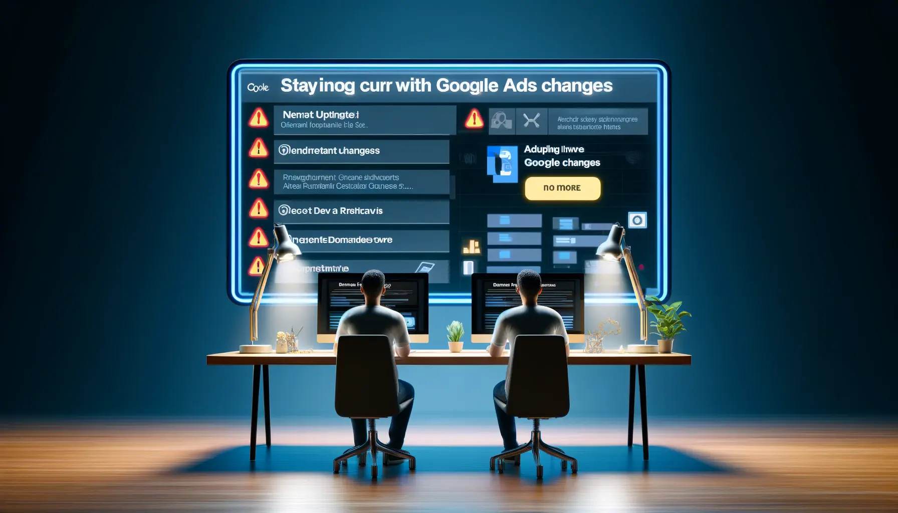 Digital advertising workspace showing notifications or updates about changes in Google Ads policies and features.