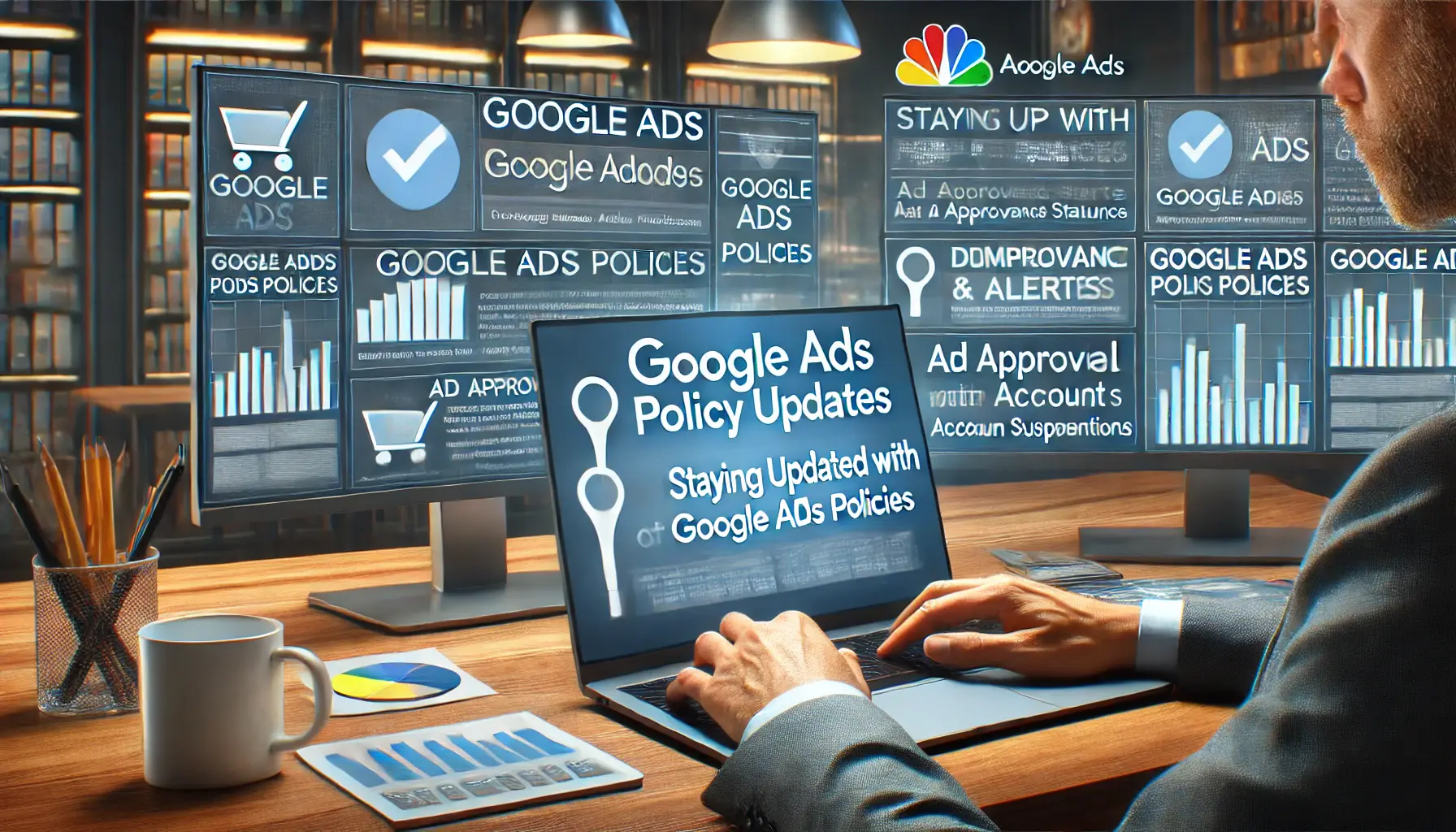 A digital marketing workspace where a professional is reviewing Google Ads policy updates on a laptop, with compliance metrics and ad approval statuses displayed on additional screens.