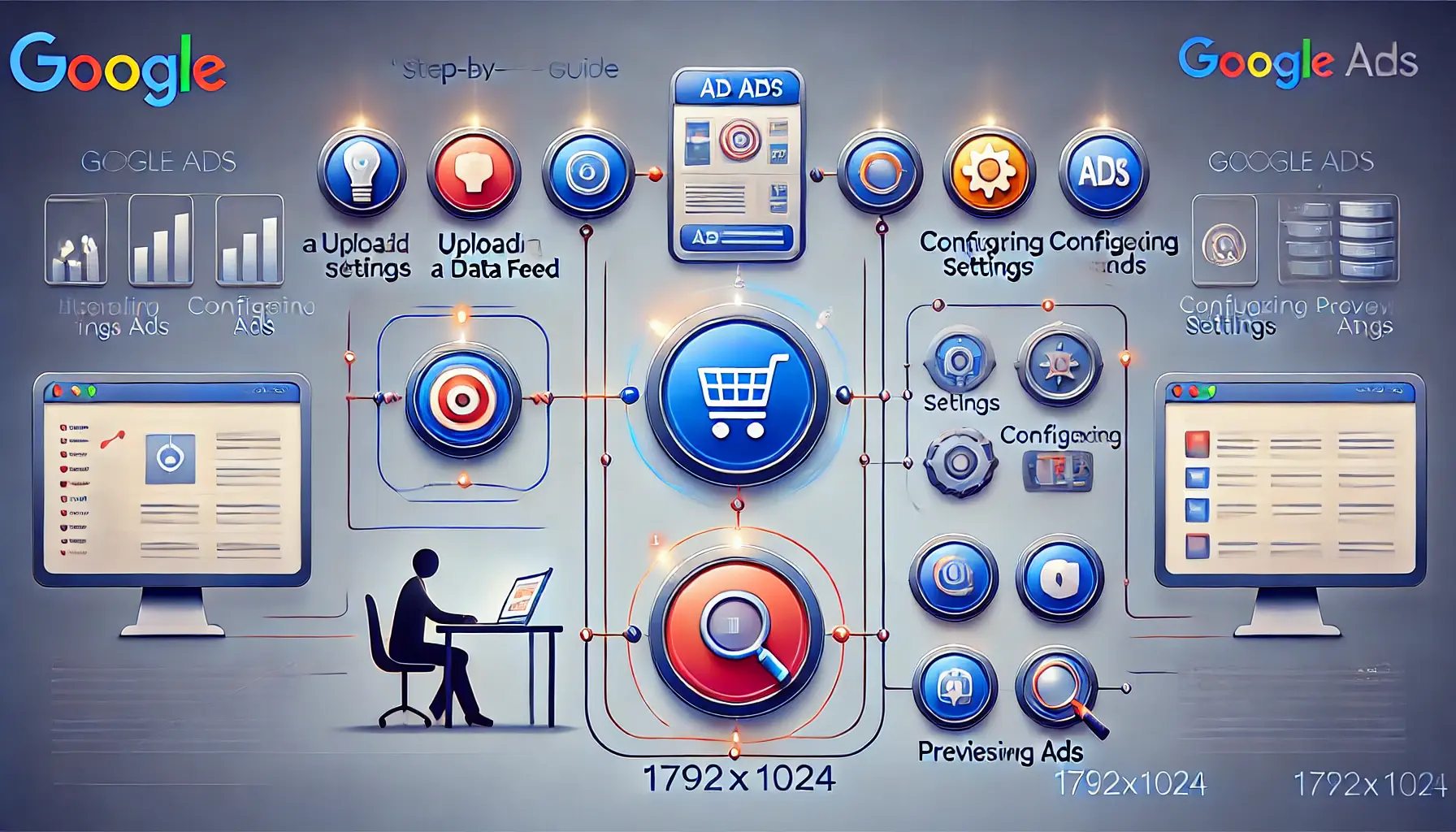 A digital interface showing icons for steps like uploading data feeds, configuring settings, and previewing ads, symbolizing the setup process for ad customizers in Google Ads.