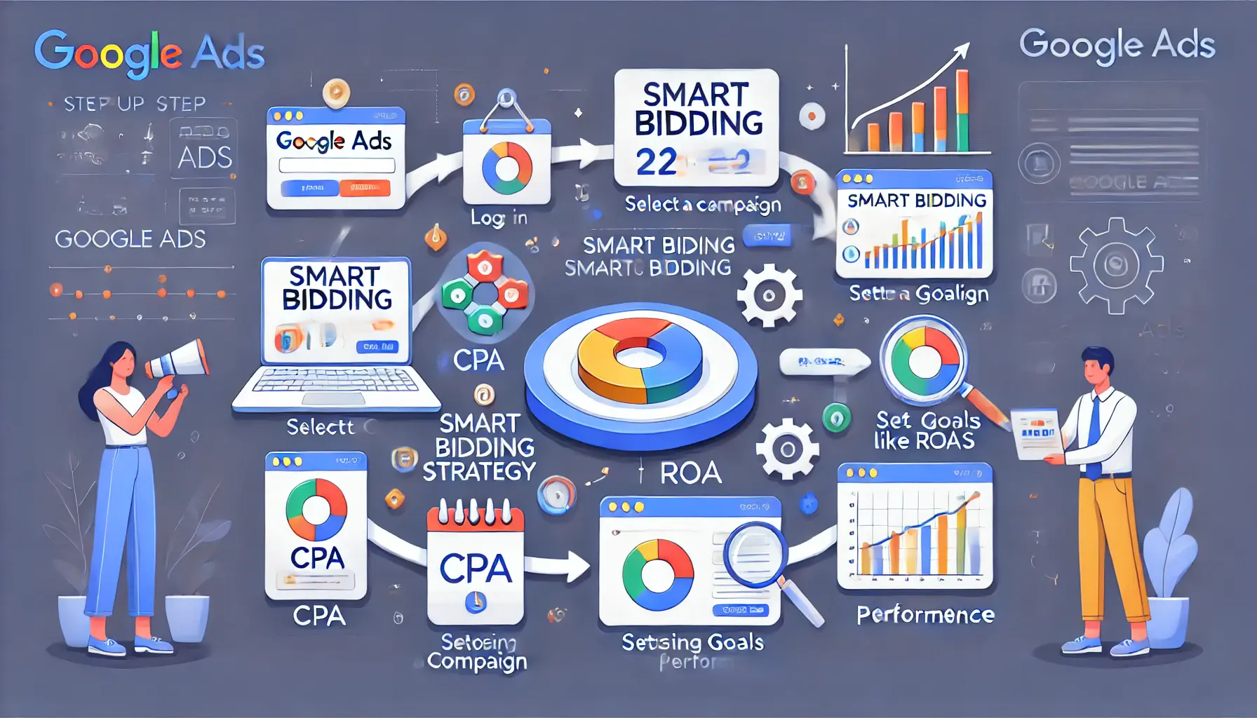 Illustration of a step-by-step guide for setting up Smart Bidding in Google Ads, showing a visual sequence of setup steps.