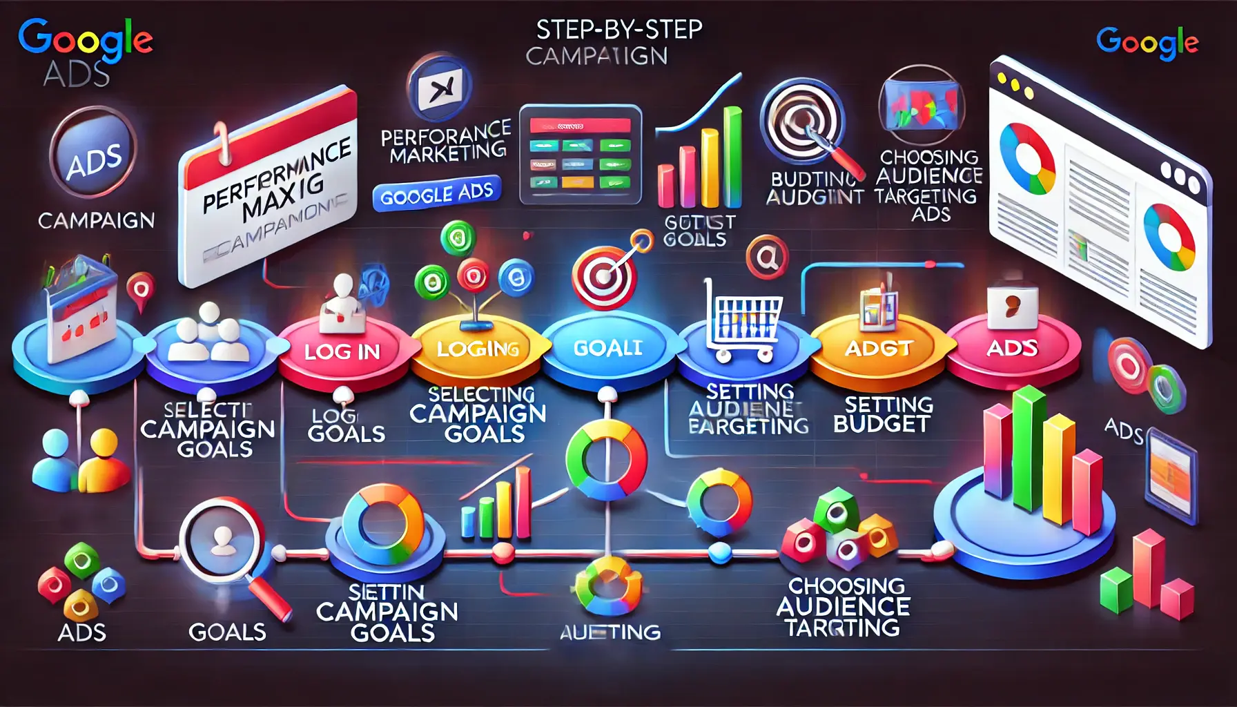 An image illustrating the step-by-step process of setting up a Performance Max campaign, showing progress through stages like goal selection, budget, and audience targeting.