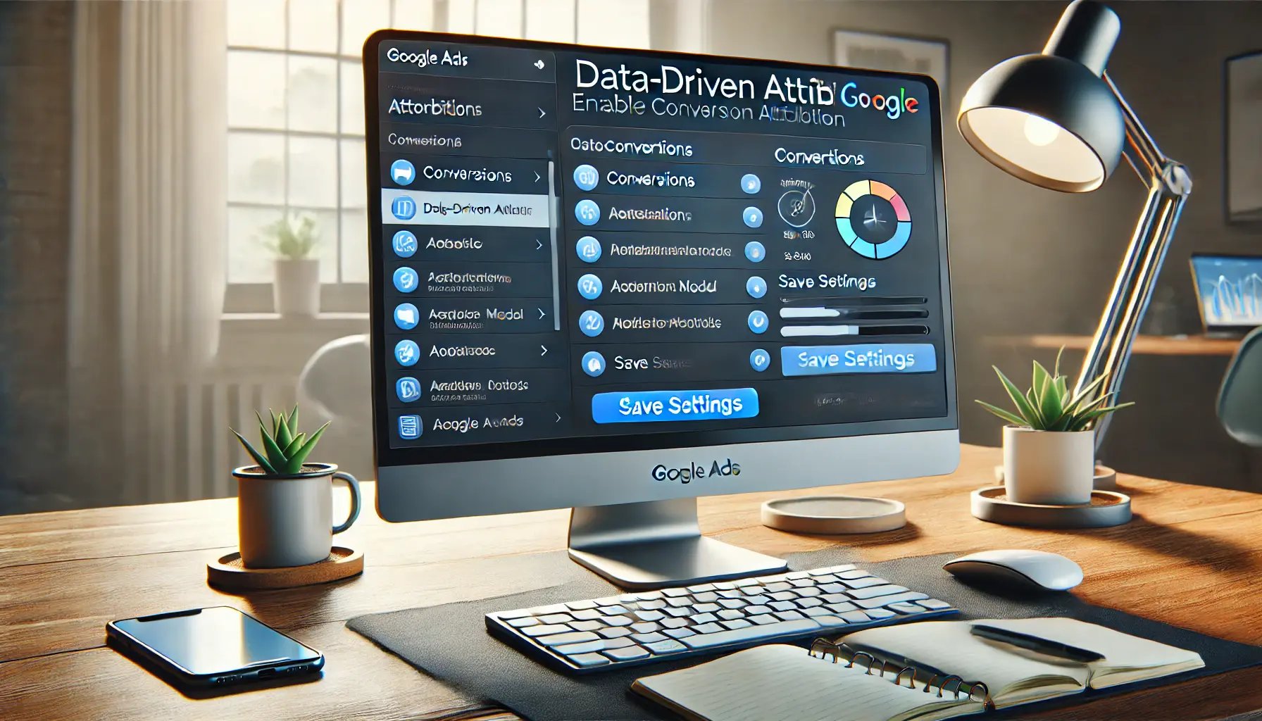 Digital marketer enabling data-driven attribution in Google Ads with step-by-step settings on a computer screen.