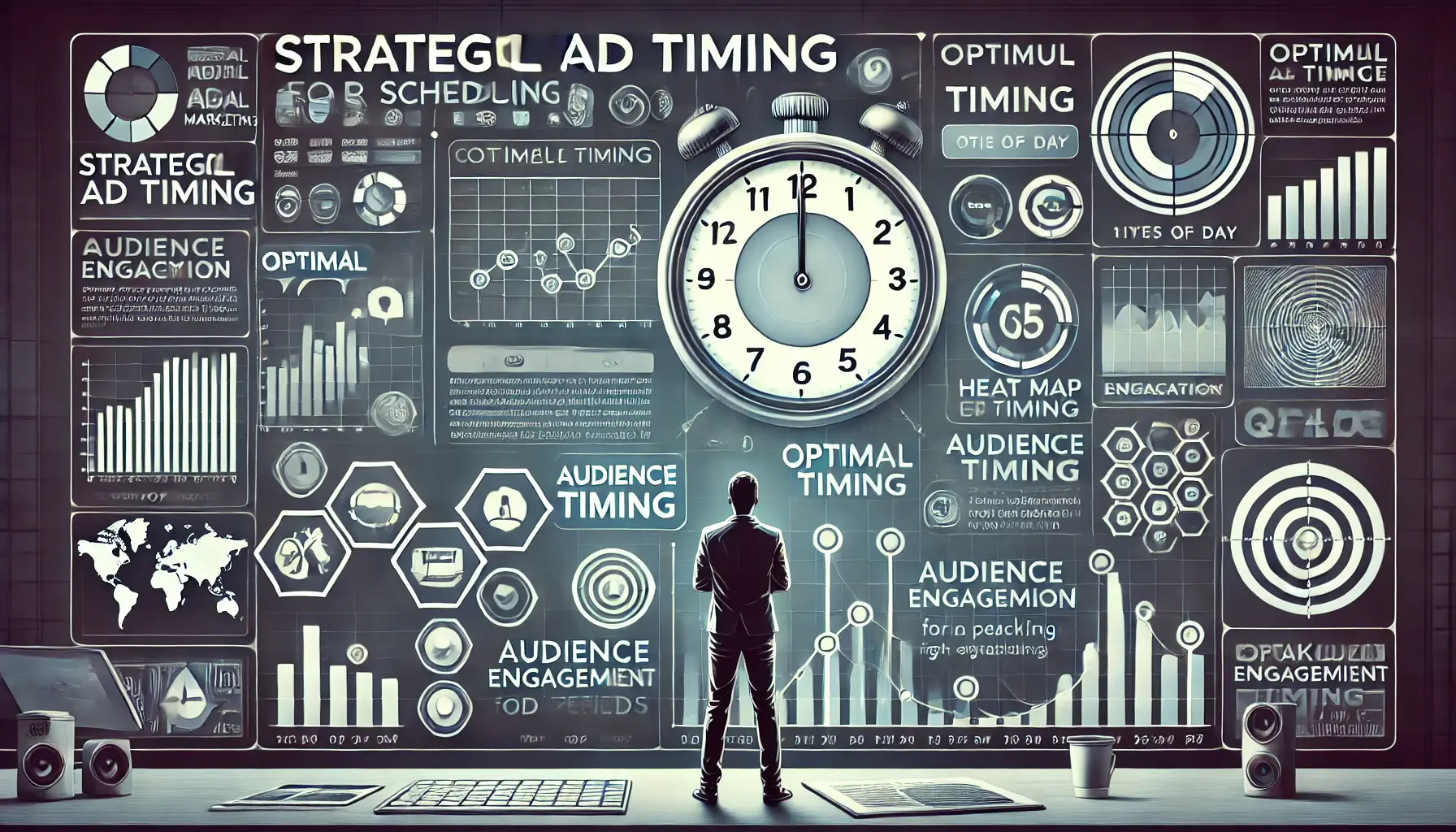 Marketer analyzing a digital dashboard with clock and timeline elements for ad scheduling and peak engagement periods