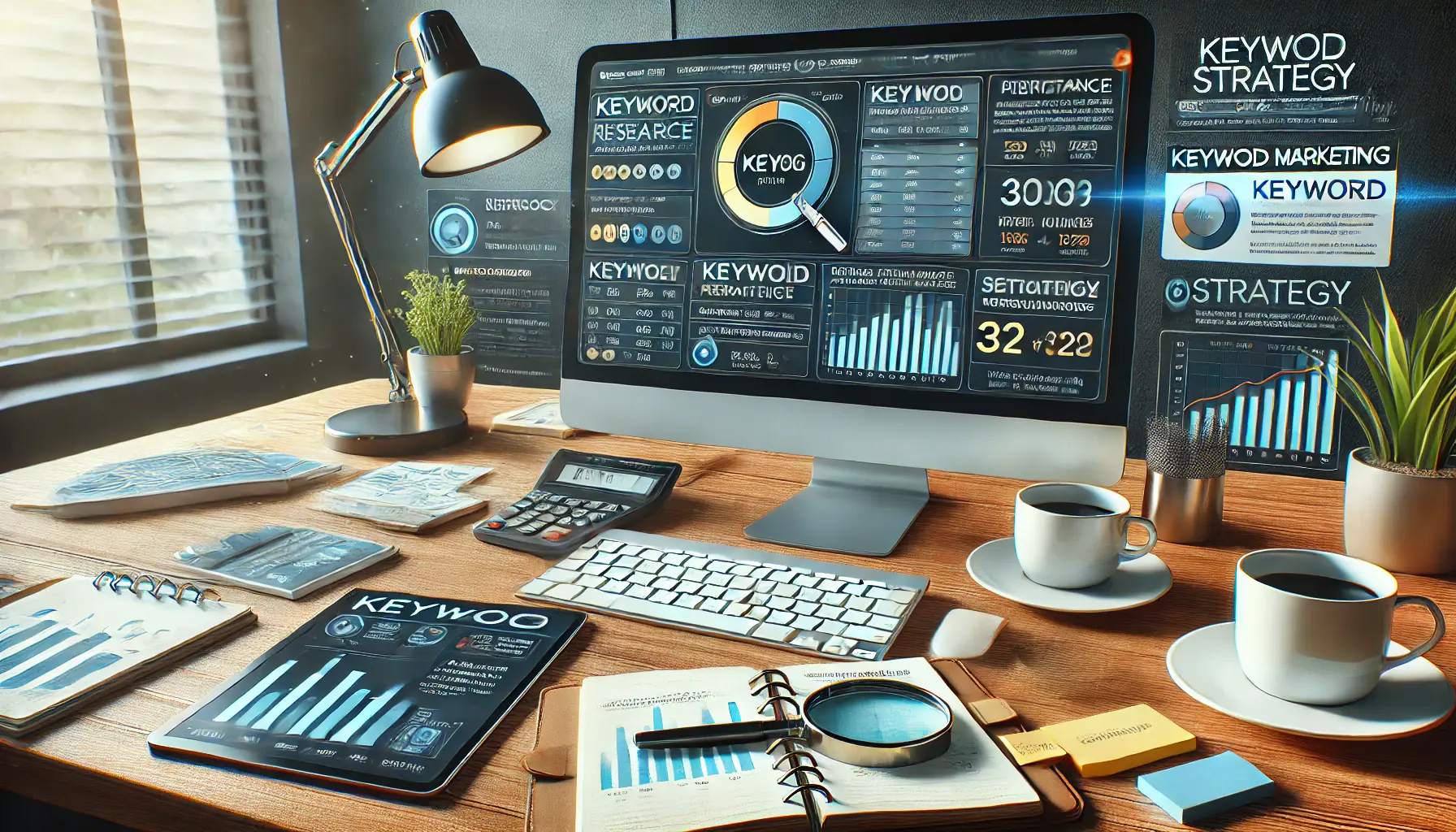 Digital marketing workspace showing keyword research tools, performance data, and optimization insights on a computer screen, with a magnifying glass and a notepad.