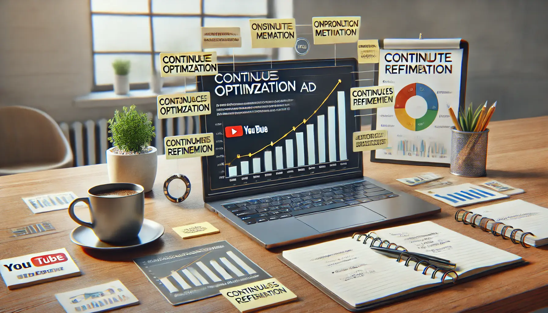 A workspace with a laptop displaying performance metrics and improvement charts for YouTube ads, surrounded by sticky notes with optimization strategies.